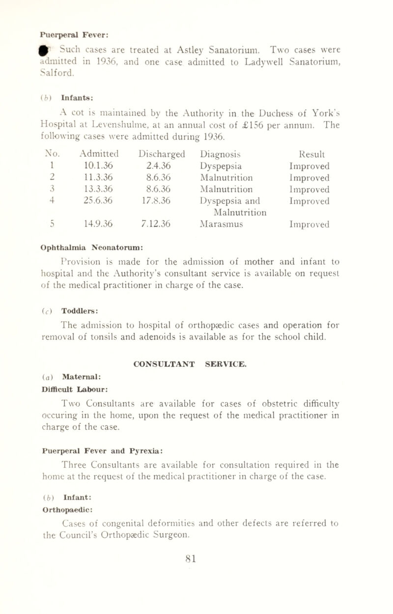 Puerperal Fever: Such cases are treated at Astley Sanatorium. Two cases were admitted in 1936. and one case admitted to Ladywell Sanatorium, Salford. (b) Infants: A cot is maintained by the Authority in the Duchess of York's Hospital at Levenshulme, at an annual cost of <£156 per annum. The follow •ing cases were admitted durin g 1936. No. Admitted Discharged Diagnosis Result 1 10.1.36 2.4.36 Dyspepsia Improved 2 11.3.36 8.6.36 Malnutrition I mproved 3 13.3.36 8.6.36 Malnutrition Improved 4 25.6.36 17.8.36 Dyspepsia and Malnutrition Improved 5 14.9.36 7.12.36 Marasmus Improved Ophthalmia Neonatorum: Provision is made for the admission of mother and infant to hospital and the Authority’s consultant service is available on request of the medical practitioner in charge of the case. (c) Toddlers: The admission to hospital of orthopaedic cases and operation for removal of tonsils and adenoids is available as for the school child. CONSULTANT SERVICE. (a) Maternal: Difficult Labour: Two Consultants are available for cases of obstetric difficulty J occuring in the home, upon the request of the medical practitioner in charge of the case. Puerperal Fever and Pyrexia: Three Consultants are available for consultation required in the home at the request of the medical practitioner in charge of the case. ib) Infant: Orthopaedic: Cases of congenital deformities and other defects are referred to the Council’s Orthopaedic Surgeon.