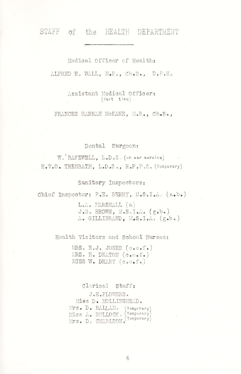 STAFF of the HEALTH DEPARTMENT Medical Officer of Health: ALFRED E„ WALL, M.E., Ch.B. D.P.H. Assistant Medical Officer* (part time) FRANCES HANNAH Me KM H IJ y M.B Ch.B., Dental Surgeon: WM'BAKEWELL, L.D.S- (on war service) H.V.O. TRENBATH, L.D.S., R .F .? oS . (Temporary) Sanitary Inspectors: Chief Inspector: P.E„ BERRY, M.S.I.A. (a.b.) LoAo MARSHALL (a) J.Bo BROWN, M.Sd.A. (gob.) A. GILLIBRAND, M.S.I.A. (g.b.) Health Visitors and School Nurses: MRS. SoJ, JONES (c.e.f.) MRS• E. DEATON (c.e.f.) MISS Wo DEARY (c.e.f.) Clerical Staff: J.E.FLOWERS. Miss D. IIOLLINSHEAD. Mr s. D. HALL AM o ( Temporary) Miss A 0 BULLOCK.( Tempo rary) Mrs. Do CHARLTON. Temporary j
