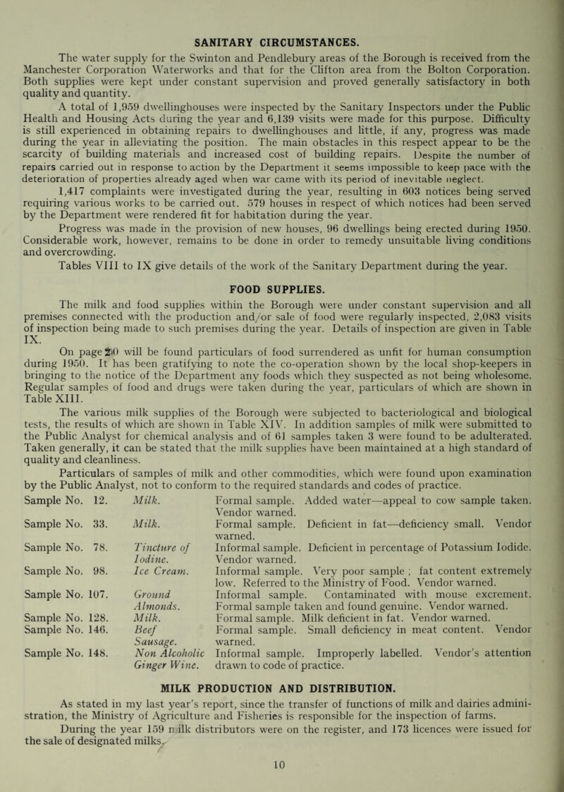 FOOD AND DRUGS SAMPLES. NATURE OF SAMPLE No. Taken No. Found Genuine No. I Adult ?ound erated Formal Informal Formal Informal Formal Informal Bicarbonate of Soda _ 2 _ 2 _ _ Black Pudding — i — i — — Baking Powder — i — i — — Cakes — 2 — 2 — — Caraway Seeds — i — i — — Camphorated Oil ... — i — i — — Chocolate Cup — i — i — — Chocolate Biscuit ... — i — i — — Cheese — i — i — — Coffee — i — i — — Cooking Fat — i — i — — Cocoanut ... — i — i — — Cream of Tartar ... — i — i — — Custard Powder ... 1 i 1 i — — Bubblow Gum — 2 — 2 — — Fish Dressing — i — i — — Fruit Cream Wafer — i — i — — Gelatine — i — i — — Gravy Browning ... — 2 — 2 — — Ground Almonds ... — 2 — i '- 1 Ginger — i — i — — Ginger Wine — i — i -- — Honey Wheat Crunch — i — i — — Honey Fnglish — i — i — — IceCream Powder — i — i — — IceCream... — 28 — 28 - • — Iodine — 1 — — — 1 Jellied Beef — 1 — 1 — — Lemon Curd — 1 — 1 — — Malt Vinegar — 1 — 1 — — Margarine ... — 1 — 1 — — Meat Pie ... — 1 — 1 — — Milk Powder — 1 — 1 — — Milk Whipping Compound — 1 — 1 — — Milk . 61 — 58 — 3 — Oatmeal — 1 — 1 — — Orange Squash — 1 — 1 — — Pepper — 1 — 1 — — Pepper Flavouring Compound ... — 1 — 1 — — Pineapple Squash — 1 — 1 — — Peas Tinned — 1 — 1 — — Polony — 1 — 1 — — Potato Crisps — 1 — 1 — — Pressed Beef — 2 — 2 — — Prern — i — i — — Raspberry Flavouring — i — i — — Sausage 5 — 4 — 1 — Rum Flavouring ... — i — l — — Salad Cream — i — i — — Tomato Soup — i — i — — Tomato Ketchup ... — i — i — — Toffee Sticks — i — i — — Welsh Munchie — i — i — — TOTALS . 67 84 63 82 4 2 Food Surrendered as Unfit for Human Consumption : Meat 379 lbs., Fats 23 lbs., Fish 2 lbs.. Fruit 34 lbs., Other Foods 6 cwts, 30 lbs. / 20