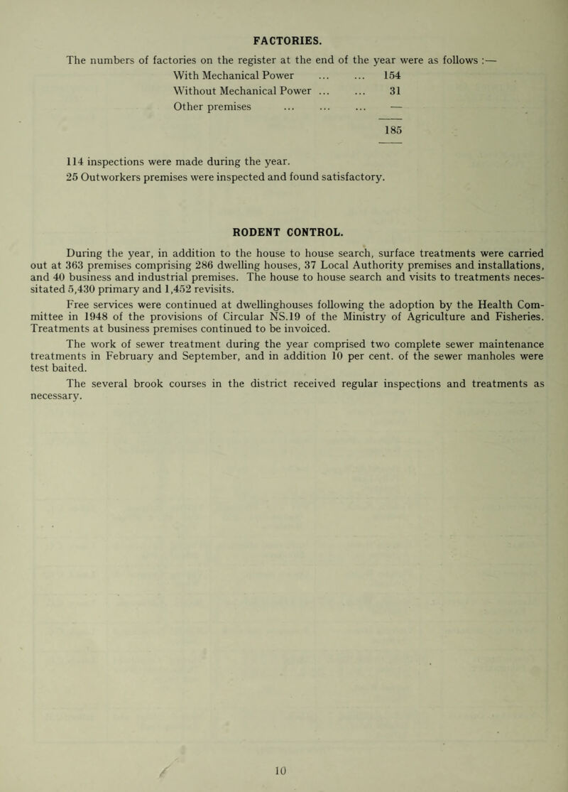 HOUSING STATISTICS. 1. Inspection of Dwelling-Houses during the year :— (1) (a) Total number of dwelling-houses inspected for housing defects (under Public Health or Housing Acts) ... . . . ... . 1,423 (b) Number of Inspections made for the purpose ... ... ... ... ... ... ... 7,673 (2) (a) Number of dwelling-houses (included under subhead (1) above) which were inspected and recorded under the Housing Consolidated Regulations 1925 ... ... ... ... ... Nil (6) Number of Inspections made for the purpose ... ... ... ... ... ... Nil (3) Number of dwelling-houses found to be in a state so dangerous or injurious to health as to be unfit for human habitation ... ... ... ... ... ... ... ... ... ... 17 (4) Number of dwelling-houses (exclusive of those referred to under the preceding sub-head) found not to be in all respects reasonably fit for human habitation ... ... ... ... ... 496 2. Remedy of Defects during the year without Service of formal Notices :— Number of defective dwelling-houses rendered fit in consequence of informal action by the Local Authority or their officers ... ... ... ... ... ... ... ... ... ... ... 469 3. Action under Statutory Powers during the year :— A. Proceedings under sections, 9, 10 and 16 of the Housing Act, 1936 :— (1) Number of dwelling-houses in respect of which notices were served requiring repairs ... ... 24 (2) Number of dwelling-houses which were rendered fit after service of formal notices :— (a) By Owners ... ... ... ... ... ... ... ... ... ... ... ... 47 (b) By Local Authority in default of owners ... ... ... ... ... ... ... — B. Proceedings under Public Health Acts :— (1) Number of dwelling-houses in respect of which notices were served requiring defects to be remedied ... ... ... ... ... ... ... ... ... ... • ••• ••• 31 (2) Number of dwelling-houses in which defects were remedied after service of formal notices :— (a) By Owners ... ... ... ... ... ... ... ... ... ... ... ... 34 (b) By Local Authority in default of owners ... ... ... ... ... ... ... ... Nil C. Proceedings under sections 11 and 13 of the Housing Act, 1936 :— (1) Number of dwelling-houses in respect of which Demolition Orders were made ... ... ... 16 (2) Number of dwelling-houses demolished in pursuance of Demolition Orders ... ... ... 17 D. Proceedings under section 12 of the Housing Act, 1936 (1) Number of separate tenement or underground rooms in respect of which Closing Orders were made ... ... ... ... ... ... ... ... ... ••• ••• Nil (2) Number of separate tenements or underground rooms in respect of which Closing Orders were determined, the tenement or room having been rendered fit ... ... ... Nil 4. Housing Act, 1936—Overcrowding:— (1) Number of dwellings overcrowded at the end of the year (2) Number of families dwelling therein ... (3) Number of persons dwelling therein ... Number of new cases of overcrowding reported during the year (1) Number of cases of overcrowding relieved during the year ... (2) Number of persons concerned in such cases ... A new census will have to be taken be¬ fore reliable information can be given 5. Housing Act. 1949 :— (a) (i) Number of Schemes submitted (a) by private individuals (b) by the Local Authority (ii) Number of dwelling houses affected 8 Nil 8 (b) (i) Number of Schemes approved (a) of private individuals (b) of the Local Authority (ii) Number of dwelling-houses affected (iii) Number of additional separate dwellings provided Nil Nil Nil Nil 18
