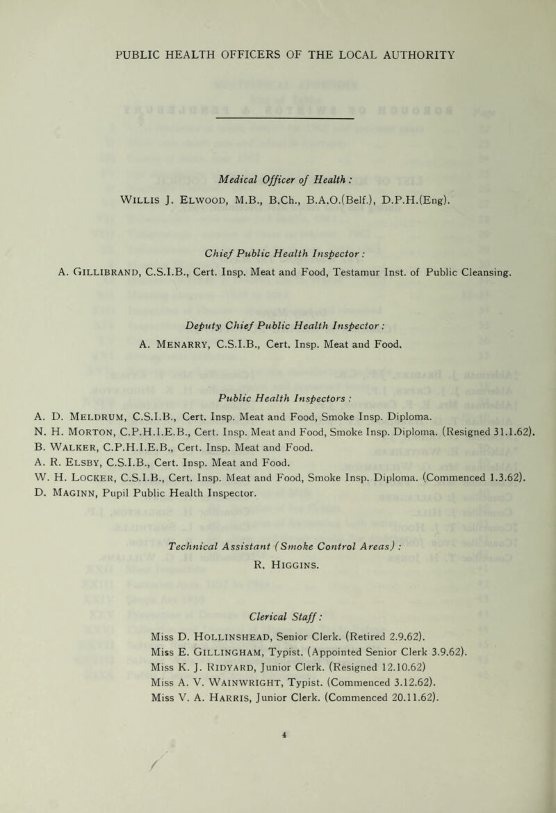 REPORT OF CHIEF PUBLIC HEALTH INSPECTOR 1. HOUSING (a) Slum Clearance (Table XII) During the year 225 houses were represented by the Medical Officer of Health; 176 in clearance area? and 49 as individual unfit houses, and inspections continued towards the completion of the five year plan, along with other areas since discovered to be unfit. (b) Sanitary Defects and Disrepair (Tables XIII, XIV and XV) The number of dwelling houses inspected during the year was 554, and the number of complaints investigated was 779. As a result of notices served 232 houses were “ made fit.” (c) Rent Act, 1957. The number of applications for Certificates of Disrepair received during the year was 5, com¬ pared with 20 in the previous year. (d) Housing (Financial Provisions) Act 1958 and House Purchase and Housing Act 1959 Owner occupiers appear to be taking reasonable advantage of the Discretionary and Standard Grants available, but although we had one application from a landlord in respect of one house, and although there is a slight increase this year, it does not seem likely these provisions will result in widespread reconditioning of the houses and the installation of the very necessary amenities Grants were made by the Corporation as follows : 1955 Applications 2 Grants paid ^162 1956 20 ^2,681 1957 30 £ 3,632 1958 14 1,648 1959 11 ^1,068 1960 23 {2,600 1961 29 ^3,191 1962 32 ^4,048 After several years of working it does appear that short of some form of enforcement many families will be obliged to continue to live without these amenities which must surely by now be accepted as a necessary part of life. (e) Disinfection and Disinfestation of Premises (i) Disinfection During the year 1 house was disinfected following a case of infectious disease. 2 library books were brought to the Department for disinfection. (ii) Disinfestation 108 premises, of which 16 were owned by the Corporation, were visited and treated by the staff of the Department to eradicate insect pests. (f) Sanitary Accommodation in Dwelling Houses All houses in the Borough except three in the unsewered portion of Clifton House Road are provided with fresh water closets, and ashbins are provided at all houses.