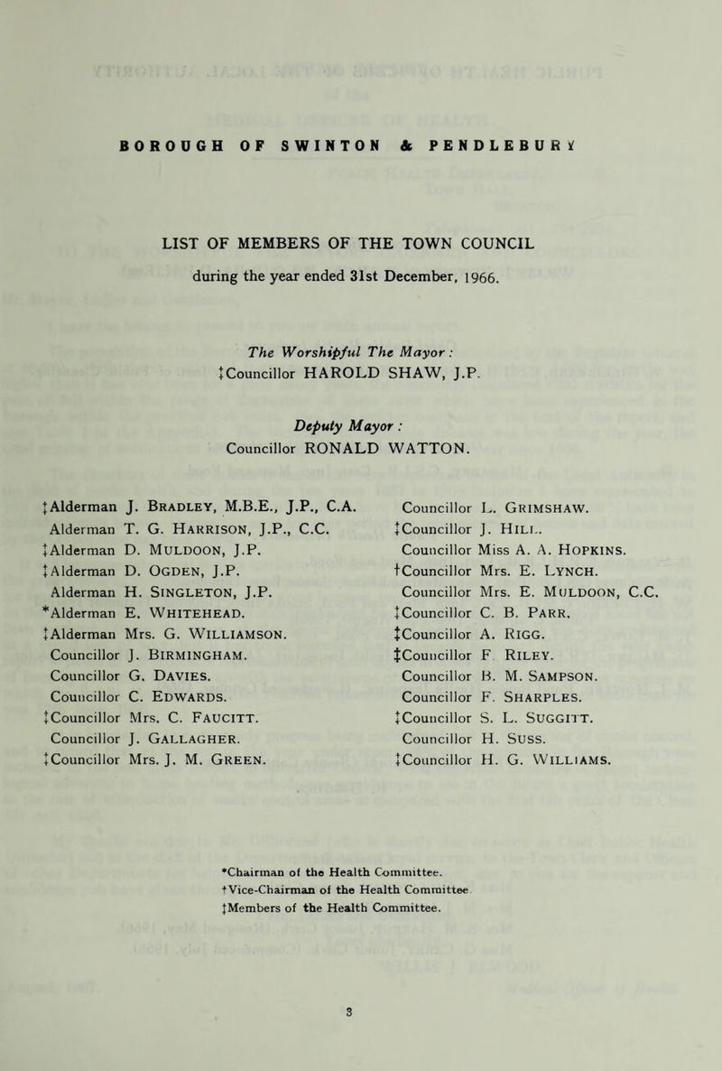 V. Public Baths There is one Swimming Pool 75' 0 x 30' 0, containing approximately 64,000 gallons. The water is circulated by an electrically-operated pump to a 9' 0 diameter Bell’s pressure filter capable of dealing with 18,000 gallons per hour. Before filtration, alum and soda are added. After passing through the filter, the water is chlorinated and aerated, following which it is steam heated before being returned to the pool. The chlorine and chemical treatment is controlled by regular estimations of the pH Value and the amount of available chlorine. The dressing rooms and pre-cleansing showers and foot baths are situated outside the pool area, so that no contamination is brought on to the side walks by incoming bathers. Apart from the Swimming Pool, there are 10 Slipper Baths and 2 Showers, which are well patronised. Samples of the Swimming Bath water are sent regularly to the Public Health Laboratory and to the Borough Analyst to ensure that the water is maintained to a satisfactory degree of purity. The results of these samples are shown in Tables XX and XXI in the Appendix. VI. Services provided by Voluntary Organisations The Women’s Voluntary Service (Centre Organiser, Mrs. E. Hully, 16, Laburnum Avenue, Swinton, Telephone SWInton 2947) provides a meals on wheels service for old people who are housebound. A proportion of the cost of each meal is subscribed by the Borough Council in res¬ pect of cases approved by the Divisional Medical Officer as being in need of the service. Other organisations which may help in meeting particular needs are :— The Swinton and Pendlebury Care of the Elderly Association (Hon. Secretary, Mrs. F. Morris, 96, Rake Lane, Clifton. Telephone SWInton 5139). Cripples Help Society (5, Cross Street, Manchester, 2. Telephone DEAnsgate 3678). Swinton, Pendlebury and Worsley Society for Mentally Handicapped Children, (Hon. Secretary, Mr. J. Irvine, 20, Lawnswood Drive, Swinton). Eccles and District Family Planning Association, (Hon. Secretary, Mrs. M. Addis, 10, Chatsworth Road, Eccles). Manchester & Salford Blind Aid Society, 74, Great Bridgewater Street, Manchester, 1. Telephone CENtral 0715. PERMISSIVE PUBLIC HEALTH LEGISLATION IN FORCE IN THE BOROUGH Infectious Diseases (Prevention) Act, 1890. Public Health Acts (Amendment) Act, 1890. Public Health Acts (Amendment) Act, 1907—parts II, VI, and Sections 80, 81, 84 and 85. Public Health Act, 1925. Small Dwellings Acquisition Acts, 1899—1923. Swinton and Pendlebury Corporation Act, 1938. 15