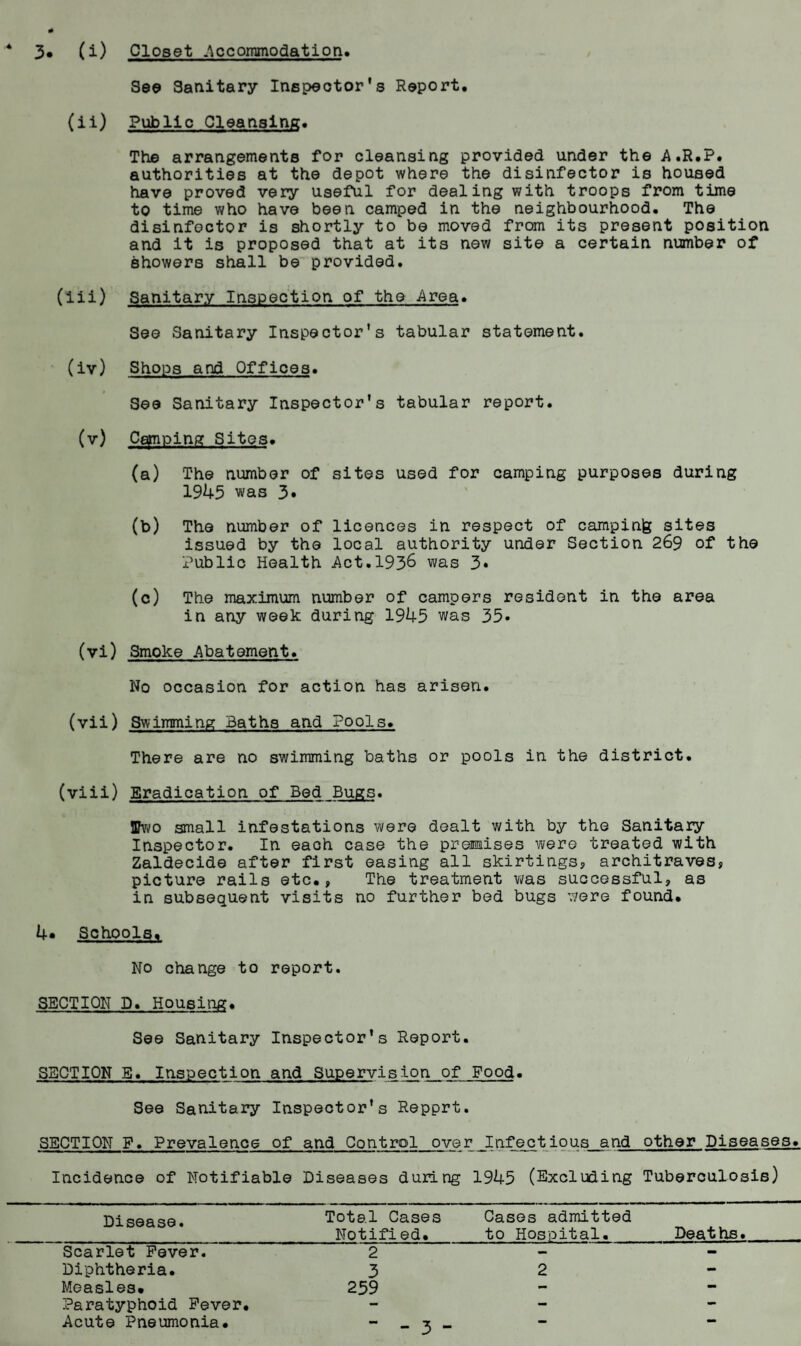 4 3* (i) Closet Accommodation. See Sanitary Inspector’s Report, (ii) Public Cleansing. The arrangements for cleansing provided under the A.R.P. authorities at the depot where the disinfector is housed have proved very useful for dealing with troops from time to time who have been camped in the neighbourhood. The disinfoctor is shortly to be moved from its present position and it is proposed that at its new site a certain number of showers shall be provided. (iii) Sanitary Inspection of the Area. See Sanitary Inspector's tabular statement. (iv) Shops and Offices. See Sanitary Inspector’s tabular report. (v) Camping Sites. (a) The number of sites used for camping purposes during 1945 was 3* (b) The number of licences in respect of campinfe sites issued by the local authority under Section 269 of the Public Health Act.l93& was 3» (c) The maximum number of campers resident in the area in any week during 1945 was 35« (vi) Smoke Abatement. No occasion for action has arisen. (vii) Swimming Baths and Pools. There are no swimming baths or pools in the district. (viii) Eradication of Bed Bugs. flfwo small infestations were dealt with by the Sanitary Inspector. In each case the premises were treated with Zaldecide after first easing all skirtings? architraves, picture rails etc., The treatment was successful, as in subsequent visits no further bed bugs were found. 4* Schools. No change to report. SECTION D. Housing. See Sanitary Inspector’s Report. SECTION E. Inspection and Supervis .ion of Food. See Sanitary Inspector's Repprt. SECTION F. Prevalence of and Control over JCnfectious and other Diseases. Incidence of Notifiable Diseases during 1945 (Excluding Tuberculosis) Disease. Scarlet Fever. Diphtheria. Measles. Paratyphoid Fever. Acute Pneumonia. Total Cases Notified. 2 3 259 Cases admitted to Hospital. 2 Deaths.