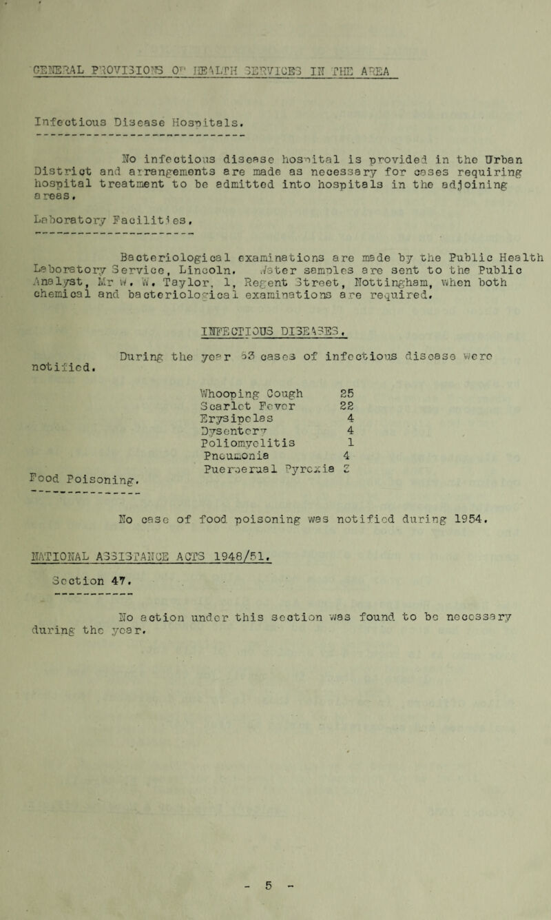 CEEE RAL P R OV1310NS O n HEALTH SERVICES IE THE A TEA Infectious Disease Hosnitals. No infectious disease hospital is provided in the Urban District and arrangements are made as necessary for cases requiring hospital treatment to be admitted into hospitals in the adjoining a reas. Laboratory Facilities, Bacteriological examinations are made by the Public Health Laboratory Service, Lincoln. .Voter samnles are sent to the Public Analyst, Mr in/, W. Taylor, 1, Regent Street, Nottingham, when both chemical and bacteriological examinations are required. INFECTIOUS DISEASES, During the year cases of infectious disease were notified. Whooping Cough 25 Scarlet Fever 22 Erysipelas 4 Dysentery 4 Poliomyelitis 1 Pneumonia 4 _ Pueroerual Pyrexia Z Food Poisoning. No case of food poisoning was notified during 1954. NATIONAL ASSISTANCE ACTS 1948/51, Section 47. No action under this section was found to bo necessary during the year.