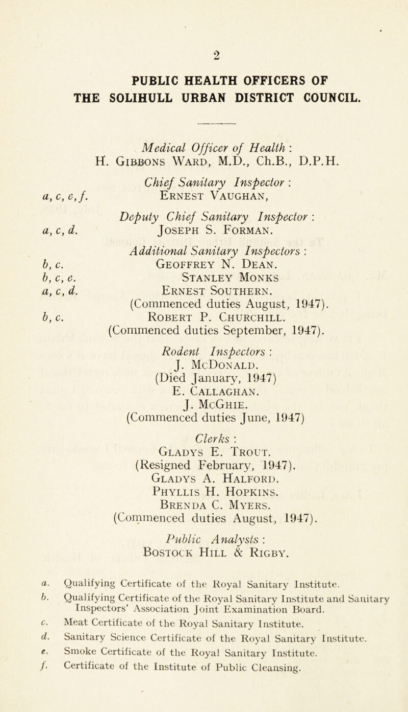 PUBLIC HEALTH OFFICERS OF THE SOLIHULL URBAN DISTRICT COUNCIL. Medical Officer of Health : H. Gibbons Ward, M.D., Ch.B., D.P.H. Chief Sanitary Inspector : a, c, e,f, Ernest Vaughan, Deputy Chief Sanitary Inspector : a, c, d. Joseph S. Forman. Additional Sanitary Inspectors : h, c. Geoffrey N. Dean. h, c, e. Stanley Monks a, c, d. Ernest Southern. (Commenced duties August, 1947). h, c. Robert P. Churchill. (Commenced duties September, 1947). Rodent Inspectors : J. McDonald. (Died January, 1947) E. Callaghan. J. McGhie. (Commenced duties June, 1947) Clerks : Gladys E. Trout. (Resigned February, 1947). Gladys A. Halford. Phyllis H. Hopkins. Brenda C. Myers. (Commenced duties August, 1947). Public Analysts : Bostock Hill & Rigby. a. Qualifying Certificate of the Royal Sanitary Institute. b. Qualifying Certificate of the Royal Sanitary Institute and Sanitary Inspectors' Association Joint Examination Board. c. Meat Certificate of the Royal Sanitary Institute. d. Sanitary Science Certificate of the Royal Sanitary Institute. e. Smoke Certificate of the Royal Sanitary Institute. /. Certificate of the Institute of Public Cleansing.