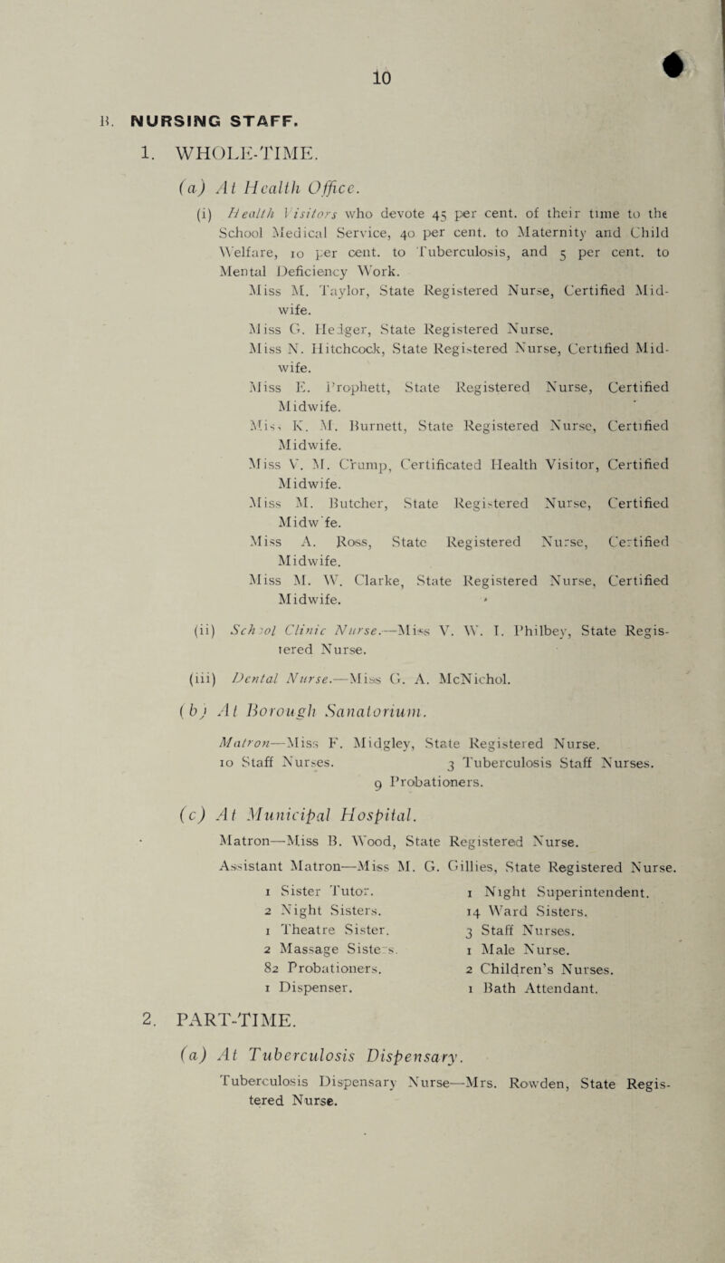 B. NURSING STAFF. 1. WHOLE-TIME. (a) At Health Office. (i) Health Visitors who devote 45 per cent, of their time to the School Medical Service, 40 per cent, to Maternity and Child Welfare, 10 per cent, to Tuberculosis, and 5 per cent, to Mental Deficiency Work. Miss M. Taylor, State Registered Nurse, Certified Mid¬ wife. Miss G. Ileiger, State Registered Nurse. Miss N. Hitchcock, State Registered Nurse, Certified Mid¬ wife. Miss E. Prophett, State Registered Nurse, Certified Midwife. INCis- K. M. Burnett, State Registered Nurse, Certified Midwife. M iss V. M. Crump, Certificated Health Visitor, Certified Midwife. Miss M. Butcher, State Registered Nurse, Certified Midw’fe. Miss A. Ross, State Registered Nurse, Certified Midwife. Miss M. W. Clarke, State Registered Nurse, Certified Midwife. (ii) School Clinic Nurse.—Miss V. W. I. I’hilbey, State Regis¬ tered Nurse. (iii) Dental Nurse.—Miss G. A. McNichol. (bj At Borough Sanatorium. Matron—Miss F. Midgley, State Registered Nurse. 10 Staff Nurses. 3 Tuberculosis Staff Nurses. 9 Probationers. (c) At Municipal Hospital. Matron—Miss B. Wood, Str Assistant Matron—Miss M. 1 Sister Tutor. 2 Night Sisters. 1 Theatre Sister. 2 Massage Siste s. 82 Probationers. 1 Dispenser. te Registered Nurse. V Gillies, State Registered Nurse. 1 Night Superintendent. 14 Ward Sisters. 3 Staff Nurses. 1 Male Nurse. 2 Children’s Nurses. 1 Bath Attendant. 2. PART-TIME. (a) At Tuberculosis Dispensary. Tuberculosis Dispensary Nurse—Mrs. Rowden, State Regis¬ tered Nurse.