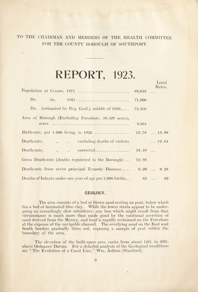 TO THE CHAIRMAN AND MEMRERS OF THE HEALTH COMMITTEE FOR THE COUNTY BOROUGH OF SOUTHPORT. REPORT, 1923. Local Rates. Population at Census, 1911 . 69,643 ... Do. do. 1921 . 71,900 Do. (estimated by Reg. Genl.), middle of 1923. 72,410 Area of Borough (Excluding Foreshore, 10,429 acres), acres ..... 8,804 Birth-rate, per 1,000 living, in 1923 .... 13.76 ... 13.98 Death-rate, ,, ,, excluding deaths of visitors ... 12.84 Death-rate, ,, ,, corrected. 13.49 Gross Death-rate (deaths registered in the Borough) ... 12.98 Death-rate from seven principal Zymotic Diseases. 0.26 ... 0.28 Deaths of Infants under one year of age per 1,000 births... 65 63 GEOLOGY. The area consists of a bed ot blown sand resting on peat, below which lies a bed of laminated blue clay. While the lower strata appear to be under¬ going an exceedingly slow subsidence, any loss which might result from that circumstance is much more than made good by the continual accretion of sand derived from the Mersey, and land is rapidly reclaimed on the Foreshore at the expense of the navigable channel. The overlying sand on the East and South borders gradually thins out, exposing a margin of peat within the boundary of the area. The elevation of the built-upon area varies from about 12ft. to 38ft. above Ordnance Datum. For a detailed analysis of the Geological conditions see “ The Evolution of a Coast Line,” Wm. Ashton (Stanford). %