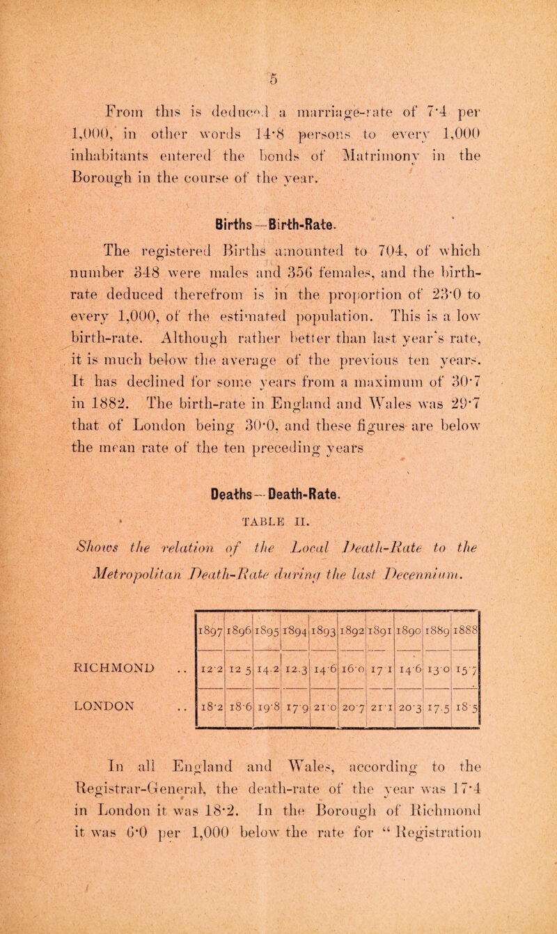 From this is deduced a marriage-rate of 7*4 per 1,000, in other word's 14’8 persons to every 1,000 inhabitants entered the bonds of Matrimony in the Borough in the course of the year. Births—Birth-Rate. The registered Births amounted to 704, of which number 348 were males and 356 females, and the birth¬ rate deduced therefrom is in the proportion of 23'0 to every 1,000, of the estimated population. This is a low birth-rate. Although rather better than last year's rate, it is much below the average of the previous ten years. It has declined for some years from a maximum of 30*7 in 1882. The birth-rate in England and Wales was 29*7 that of London being 30’0, and these figures are below the mean rate of the ten preceding years V Deaths- Death-Rate. TABLE II. Shows the relation of the Local Death-Rate to the Metropolitan Death-Rate during the last Decennium. RICHMOND LONDON In all England and Wales, according to the Registrar-General, the death-rate of the year was 17*4 in London it was 18*2. In the Borough of Richmond it was 6*0 per 1,000 below the rate for “ Registration