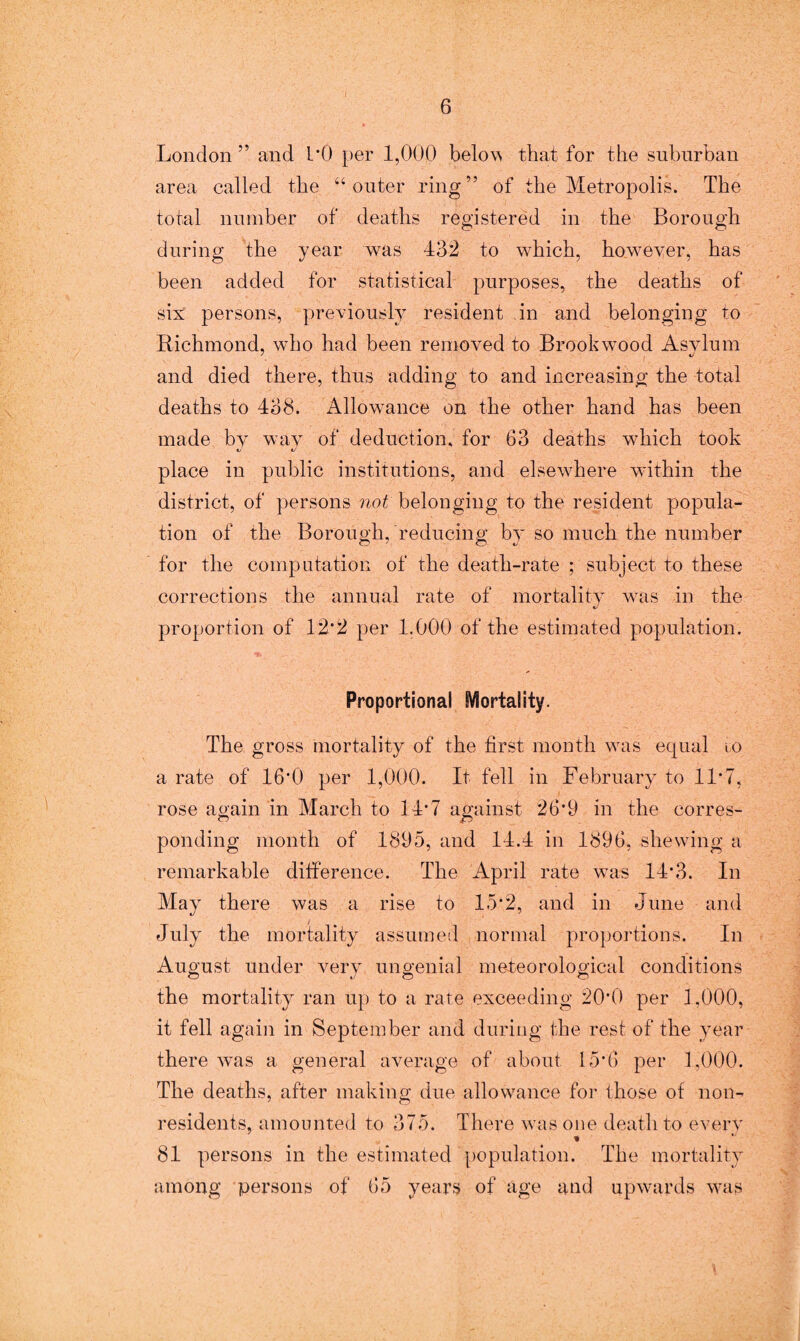 London ” and 1*0 per 1,000 below that for the suburban area called the “outer ring” of the Metropolis. The total number of deaths registered in the Borough during the year was 432 to which, however, has been added for statistical purposes, the deaths of six persons, previously resident in and belonging to Richmond, who had been removed to Brook wood Asvlum and died there, thus adding to and increasing the total deaths to 438. Allowance on the other hand has been made bv wav of deduction, for 63 deaths which took t/ «j place in public institutions, and elsewhere within the district, of persons not belonging to the resident popula¬ tion of the Borough, reducing by so much the number for the computation of the death-rate ; subject to these corrections the annual rate of mortality was in the proportion of 12*2 per 1.000 of the estimated population. Proportional Mortality. The gross mortality of the first month wras equal to a rate of 16*0 per 1,000. It fell in February to 11*7, rose again in March to 14*7 against 26*9 in the corres¬ ponding month of 1895, and 14.4 in 1896, shewing a remarkable difference. The April rate was 14*3. In May there was a rise to 15*2, and in June and July the mortality assumed normal proportions. In August under very ungenial meteorological conditions the mortality ran up to a rate exceeding 20*0 per 1,000, it fell again in September and during the rest of the year there wTas a general average of about 15*6 per 1,000. The deaths, after making due allowance for those of non¬ residents, amounted to 375. There was one death to every * 81 persons in the estimated population. The mortality among persons of 65 years of age and upwards was