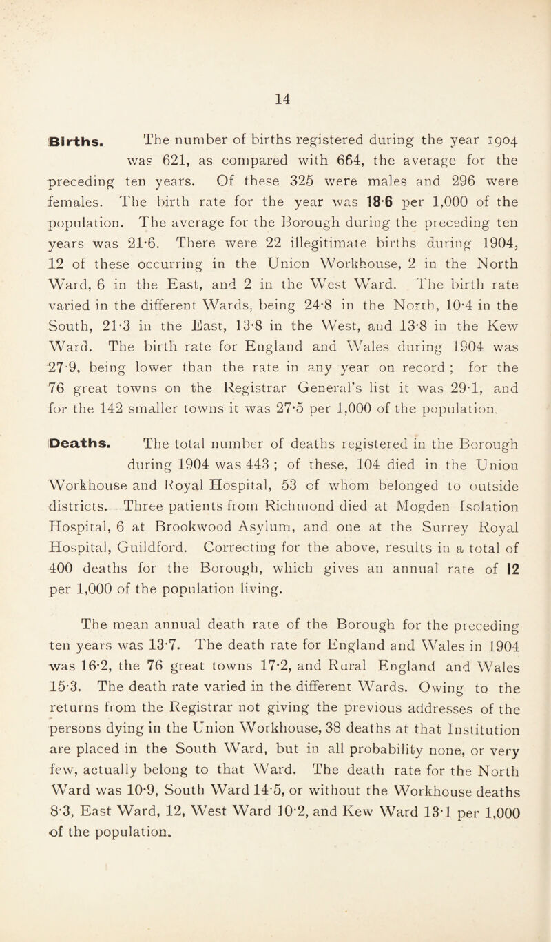 Births. The number of births registered during the year 1904 was 621, as compared with 664, the average for the preceding ten years. Of these 325 were males and 296 were females. The birth rate for the year was 18*6 per 1,000 of the population. The average for the Borough during the preceding ten years was 2T6. There were 22 illegitimate births during 1904, 12 of these occurring in the Union Workhouse, 2 in the North Ward, 6 in the East, and 2 in the West Ward. The birth rate varied in the different Wards, being 24-8 in the North, 10-4 in the South, 21-3 in the East, 13-8 in the West, and 13*8 in the Kew WGrd. The birth rate for England and Wales during 1904 was 27'9, being lower than the rate in any year on record ; for the 76 great towns on the Registrar General’s list it was 29T, and for the 142 smaller towns it was 27*5 per 1,000 of the population. Deaths. The total number of deaths registered in the Borough during 1904 was 443 ; of these, 104 died in the Union Workhouse and Royal Hospital, 53 of whom belonged to outside districts. Three patients from Richmond died at Mogden Isolation Hospital, 6 at Brookwood Asylum, and one at the Surrey Royal Hospital, Guildford. Correcting for the above, results in a total of 400 deaths for the Borough, which gives an annual rate of 12 per 1,000 of the population living. The mean annual death rate of the Borough for the preceding ten years was 137. The death rate for England and Wales in 1904 was 16*2, the 76 great towns 17f2, and Rural England and Wales 15*3. The death rate varied in the different Wards. Owing to the returns from the Registrar not giving the previous addresses of the persons dying in the Union Workhouse, 38 deaths at that Institution are placed in the South Ward, but in all probability none, or very few, actually belong to that Ward. The death rate for the North Ward was 10*9, South Ward 14*5, or without the Workhouse deaths 8*3, East Ward, 12, West Ward 10-2, and Kew Ward 13T per 1,000 ■of the population.