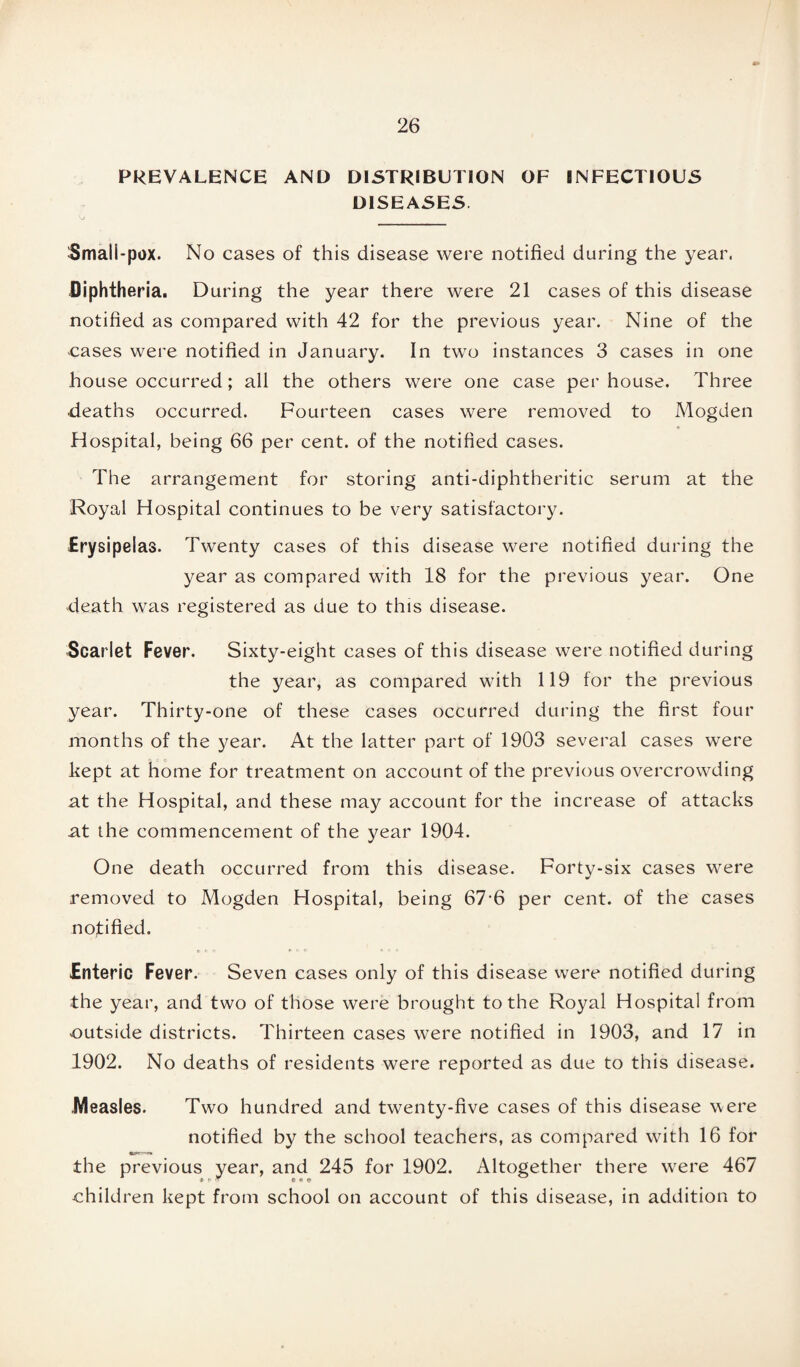 PREVALENCE AND DISTRIBUTION OF INFECTIOUS DISEASES. Small-pox. No cases of this disease were notified during the year. Diphtheria. During the year there were 21 cases of this disease notified as compared with 42 for the previous year. Nine of the cases were notified in January. In two instances 3 cases in one house occurred; all the others were one case per house. Three ■deaths occurred. Fourteen cases were removed to Mogden Hospital, being 66 per cent, of the notified cases. The arrangement for storing anti-diphtheritic serum at the Royal Hospital continues to be very satisfactory. Erysipelas. Twenty cases of this disease were notified during the year as compared with 18 for the previous year. One death was registered as due to this disease. Scarlet Fever. Sixty-eight cases of this disease were notified during the year, as compared with 119 for the previous year. Thirty-one of these cases occurred during the first four months of the year. At the latter part of 1903 several cases were kept at home for treatment on account of the previous overcrowding at the Hospital, and these may account for the increase of attacks at the commencement of the year 1904. One death occurred from this disease. Forty-six cases were removed to Mogden Hospital, being 67-6 per cent, of the cases notified. Enteric Fever. Seven cases only of this disease were notified during the year, and two of those were brought to the Royal Hospital from outside districts. Thirteen cases were notified in 1903, and 17 in 1902. No deaths of residents were reported as due to this disease. Measles. Two hundred and twenty-five cases of this disease were notified by the school teachers, as compared with 16 for the previous year, and 245 for 1902. Altogether there wrere 467 children kept from school on account of this disease, in addition to