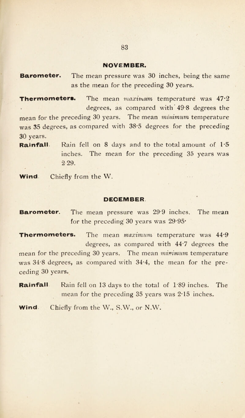 NOVEMBER. Barometer. The mean pressure was 30 inches, being the same as the mean for the preceding 30 years. Thermometers. The mean maximum temperature was 47*2 degrees, as compared with 49*8 degrees the mean for the preceding 30 years. The mean minimum temperature was 35 degrees, as compared with 38*5 degrees for the preceding 30 years. Rainfall- Rain fell on 8 days and to the total amount of 1*5 inches. The mean for the preceding 35 years was 2 29. Wind Chiefly frGm the W. DECEMBER Barometer. The mean pressure was 29-9 inches. The mean for the preceding 30 years was 29*95* Thermometers. The mean maximum temperature was 44*9 degrees, as compared with 44-7 degrees the mean for the preceding 30 years. The mean minimum temperature was 34-8 degrees, as compared with 34*4, the mean for the pre¬ ceding 30 years. Rainfall Rain fell on 13 days to the total of 1*89 inches. The mean for the preceding 35 years was 2*15 inches. Wind. Chiefly from the W., S.W., or N.W.