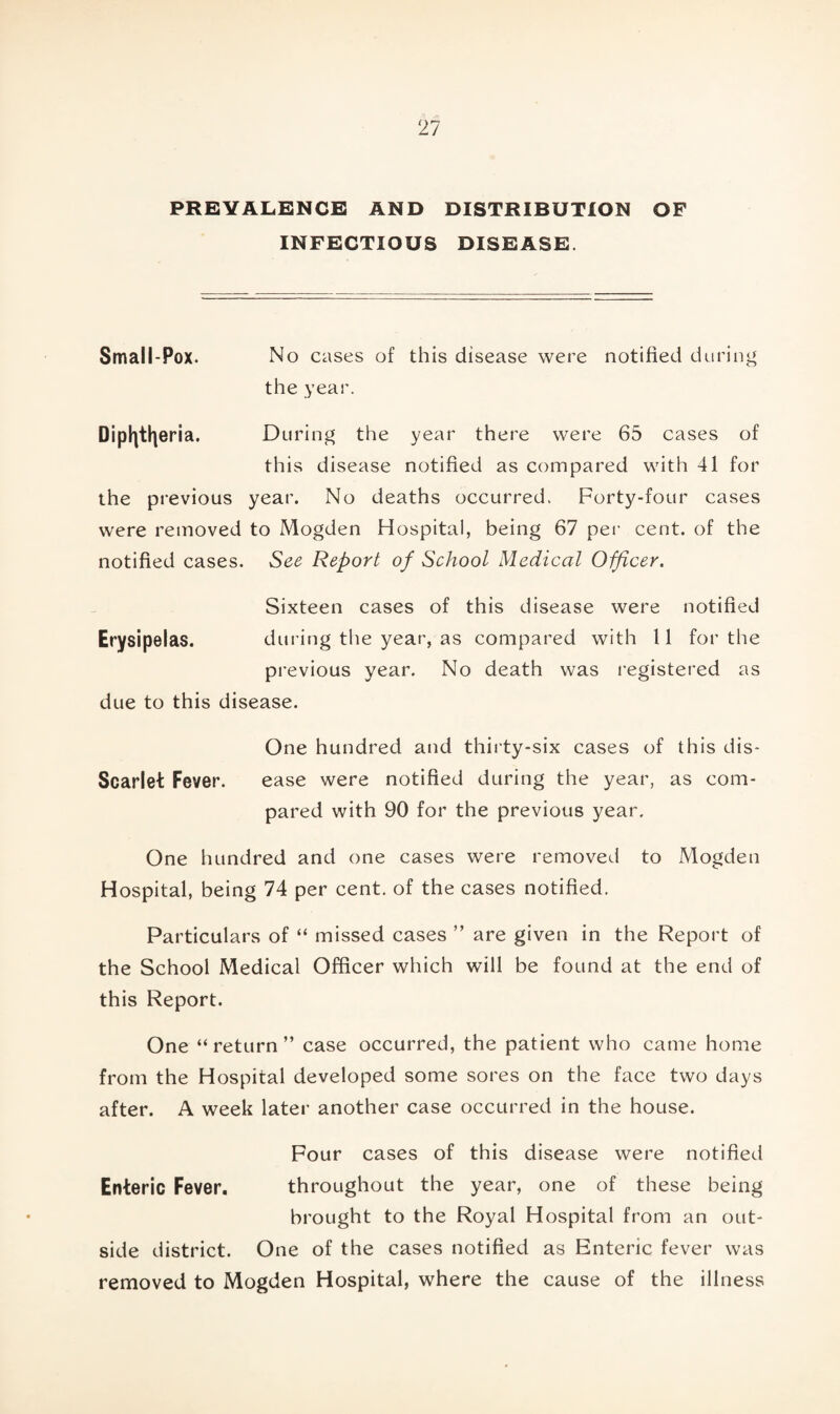 PREVALENCE AND DISTRIBUTION OF INFECTIOUS DISEASE. Small-Pox. No cases of this disease were notified during the year. Dip^t^eria. During the year there were 65 cases of this disease notified as compared with 41 for the previous year. No deaths occurred. Forty-four cases were removed to Mogden Hospital, being 67 per cent, of the notified cases. See Report of School Medical Officer. Sixteen cases of this disease were notified Erysipelas. during the year, as compared with 11 for the previous year. No death was registered as due to this disease. One hundred and thirty-six cases of this dis- Scarlet Fever. ease were notified during the year, as com¬ pared with 90 for the previous year. One hundred and one cases were removed to Mogden Hospital, being 74 per cent, of the cases notified. Particulars of “ missed cases ” are given in the Report of the School Medical Officer which will be found at the end of this Report. One “ return ” case occurred, the patient who came home from the Hospital developed some sores on the face two days after. A week later another case occurred in the house. Four cases of this disease were notified Enteric Fever. throughout the year, one of these being brought to the Royal Hospital from an out¬ side district. One of the cases notified as Enteric fever was removed to Mogden Hospital, where the cause of the illness