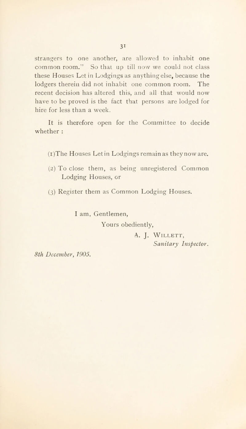 strans^ers to one another, are allowed to inhabit one common room.” So that up till now we could not class these Houses Let in Lodgings as anything else, because the lodgers therein did not inhabit one common room. The recent decision has altered this, and all that would now have to be proved is the fact that persons are lodged for hire for less than a week. It is therefore open for the Committee to decide whether : (1) The Houses Let in Lodgings remain as they now are. (2) To close them, as being unregistered Common Lodging Houses, or (3) Register them as Common Lodging Houses. I am, Gentlemen, Yours obediently, A. J. Willett, Sanitary Inspector. 8th December, 1905.