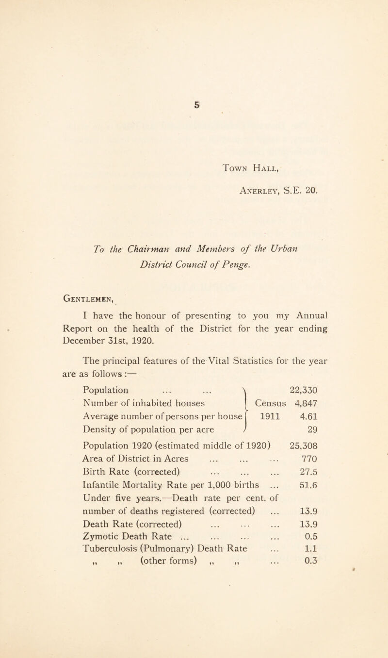 Town Hall, Anerley, S.E. 20. To the Chairman and Members of the Urban District Council of Penge. Gentlemen, I have the honour of presenting to you my Annual Report on the health of the District for the year ending December 31st, 1920. The principal features of the Vital Statistics for the year are as follows :— Population ... ... \ 22,330 Number of inhabited houses ' Census 4,847 Average number of persons per house \ 1911 4.61 Density of population per acre J 1 29 Population 1920 (estimated middle of 1920) 25,308 Area of District in Acres • • • • 770 Birth Rate (corrected) • • • • 27.5 Infantile Mortality Rate per 1,000 births 51.6 Under five years.—Death rate per cent, of number of deaths registered (corrected) 13.9 Death Rate (corrected) • • • • 13.9 Zymotic Death Rate ... * • • • 0.5 Tuberculosis (Pulmonary) Death Rate 1.1 „ ,, (other forms) ,, ,, • • • 0.3