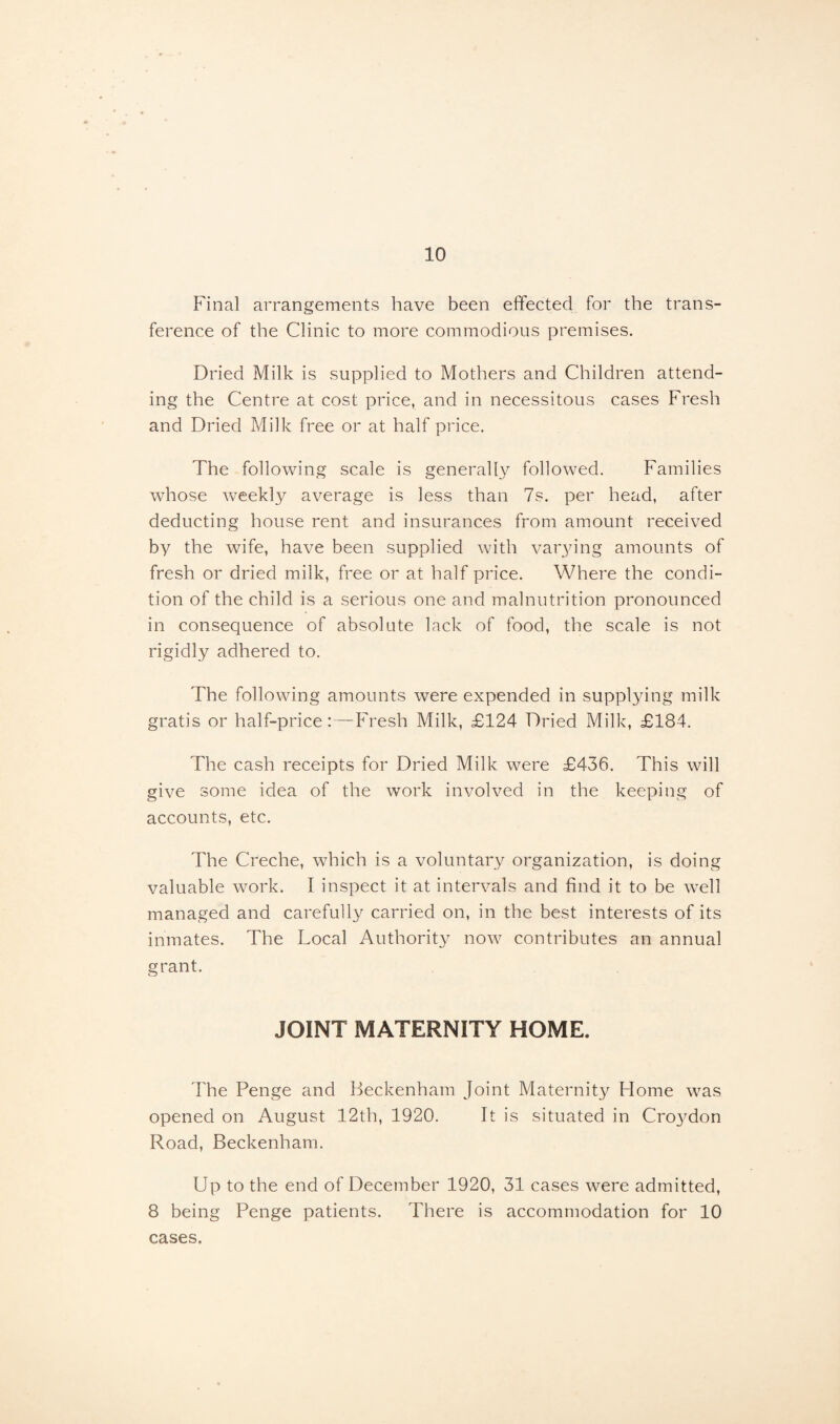 Final arrangements have been effected for the trans¬ ference of the Clinic to more commodious premises. Dried Milk is supplied to Mothers and Children attend¬ ing the Centre at cost price, and in necessitous cases Fresh and Dried Milk free or at half price. The following scale is generally followed. Families whose weekly average is less than 7s. per head, after deducting house rent and insurances from amount received by the wife, have been supplied with va^fing amounts of fresh or dried milk, free or at half price. Where the condi¬ tion of the child is a serious one and malnutrition pronounced in consequence of absolute lack of food, the scale is not rigidly adhered to. The following amounts were expended in supplying milk gratis or half-price:—Fresh Milk, £124 Dried Milk, £184. The cash receipts for Dried Milk were £436. This will give some idea of the work involved in the keeping of accounts, etc. The Creche, which is a voluntary organization, is doing valuable work. I inspect it at intervals and find it to be well managed and carefully carried on, in the best interests of its inmates. The Local Authority now contributes an annual grant. JOINT MATERNITY HOME. The Penge and Beckenham Joint Maternity Home was opened on August 12tli, 1920. It is situated in Cro}Mon Road, Beckenham. Up to the end of December 1920, 31 cases were admitted, 8 being Penge patients. There is accommodation for 10 cases.