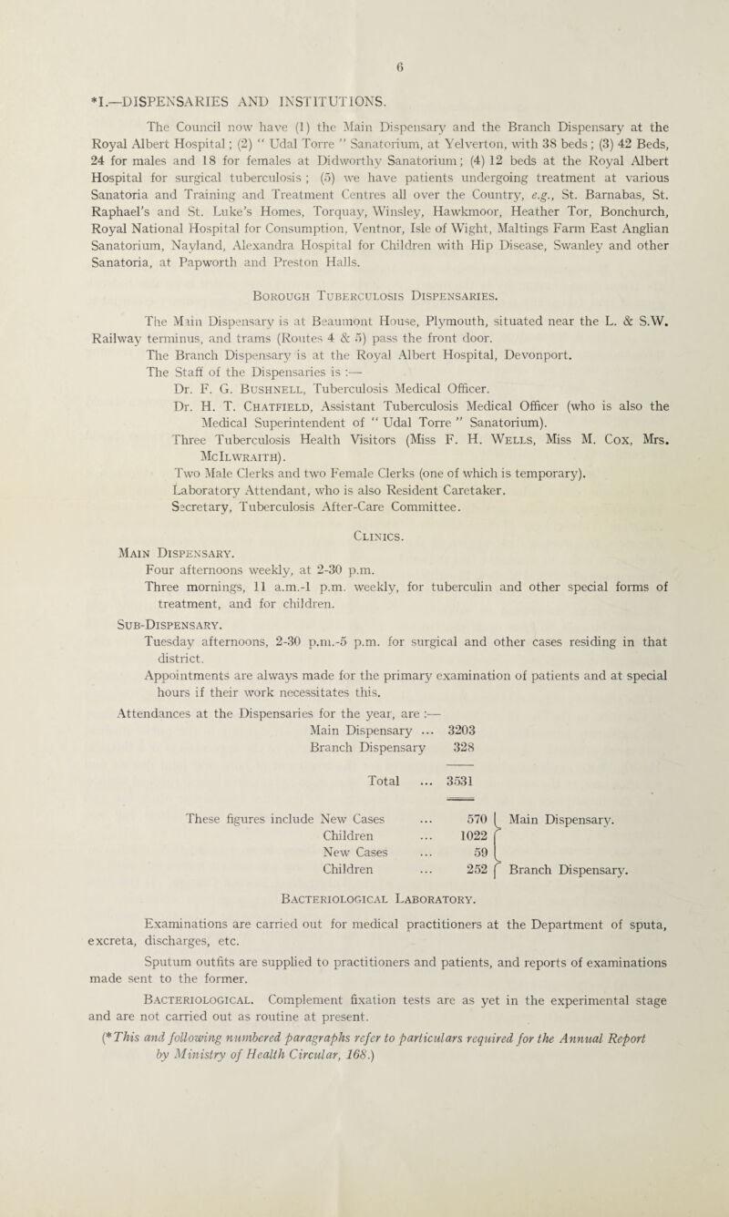 *I.—DISPENSARIES AND INSTITUTIONS. The Council now have (1) the Main Dispensary and the Branch Dispensary at the Royal Albert Hospital; (2) “ Udal Torre ” Sanatorium, at Yelverton, with 38 beds; (3) 42 Beds, 24 for males and 18 for females at Didworthy Sanatorium; (4) 12 beds at the Royal Albert Hospital for surgical tuberculosis ; (5) we have patients undergoing treatment at various Sanatoria and Training and Treatment Centres all over the Country, e.g., St. Barnabas, St. Raphael’s and St. Luke’s Homes, Torquay, Winsley, Hawkmoor, Heather Tor, Bonchurch, Royal National Hospital for Consumption, Ventnor, Isle of Wight, Makings Farm East Anglian Sanatorium, Nayland, Alexandra Hospital for Children with Hip Disease, Swanlev and other Sanatoria, at Papworth and Preston Halls. Borough Tuberculosis Dispensaries. The Main Dispensary is at Beaumont House, Plymouth, situated near the L. & S.W. Railway terminus, and trams (Routes 4 & 5) pass the front door. The Branch Dispensary is at the Royal x\lbert Hospital, Devonport. The Staff of the Dispensaries is :— Dr. F. G. Bushnell, Tuberculosis Medical Officer. Dr. H. T. Chatfield, Assistant Tuberculosis Medical Officer (who is also the Medical Superintendent of “ Udal Torre ” Sanatorium). Three Tuberculosis Health Visitors (Miss F. H. Wells, Miss M. Cox, Mrs. McIlwraith). Two Male Clerks and two Female Clerks (one of which is temporary). Laboratory Attendant, who is also Resident Caretaker. Secretary, Tuberculosis After-Care Committee. Clinics. Main Dispensary. Four afternoons weekly, at 2-30 p.m. Three mornings, 11 a.m.-l p.m. weekly, for tuberculin and other special forms of treatment, and for children. Sub-Dispensary. Tuesday afternoons, 2-30 p.m.-5 p.m. for surgical and other cases residing in that district. Appointments are always made for the primary examination of patients and at special hours if their work necessitates this. Attendances at the Dispensaries for the year, are Main Dispensary ... 3203 Branch Dispensary 328 Total 3531 These figures include New Cases 570 Children 1022 New Cases 59 Children 252 Main Dispensary. Branch Dispensary. Bacteriological Laboratory. Examinations are carried out for medical practitioners at the Department of sputa, excreta, discharges, etc. Sputum outfits are supplied to practitioners and patients, and reports of examinations made sent to the former. Bacteriological. Complement fixation tests are as yet in the experimental stage and are not carried out as routine at present. (*This and following numbered paragraphs refer to particulars required for the Annual Report by Ministry of Health Circular, 168.)