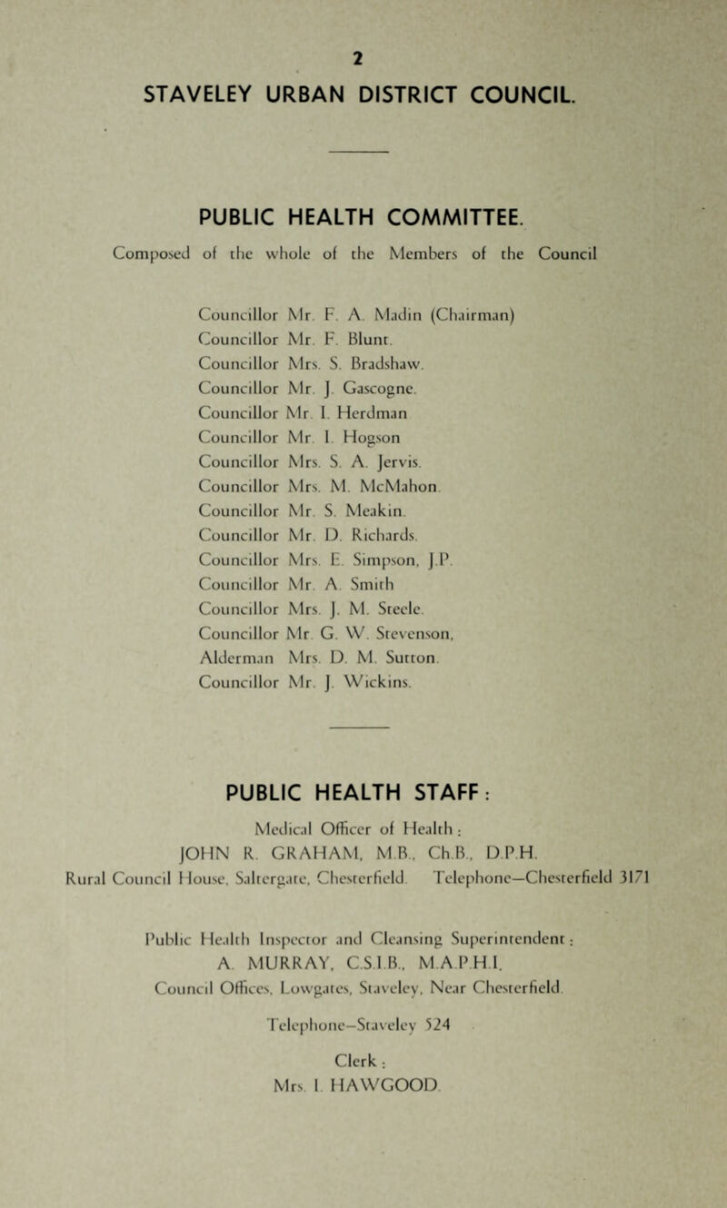 STAVELEY URBAN DISTRICT COUNCIL PUBLIC HEALTH COMMITTEE. Composed of the whole of the Members of the Council Councillor Mr. F. A. Matlin (Chairman) Councillor Mr. F. Blunt. Councillor Mrs. S. Bradshaw. Councillor Mr. J. Gascogne. Councillor Mr. I. Flerdman Councillor Mr. 1. Flog.son Councillor Mrs. S. A. Jervis. Councillor Mrs. M. McMahon Councillor Mr. S. Meakin. Councillor Mr. D. Richards. Councillor Mrs. E. Simpson, J.P. Councillor Mr. A. Smith Councillor Mrs. j. M. Steele. Councillor Mr G. W. Stesenson, Alderman Mrs D. M. Sutton Councillor Mr. j. Wickins. PUBLIC HEALTH STAFF: Medical Officer of Health ; JOHN R. GRAHAM, M B., Ch B., D P H. Rural Council House. Saltcrgate, Chesterfield Telephone—Chesterfield 3171 Public He.ilih Inspector and Cleansing Superintendent: A MURRAY. C.S l B.. MAP H I. Council Offices. Lowgates, Staveley, Near Chesterfield l elephone-Staveley 324 Clerk : Mrs 1 HAWGOOD