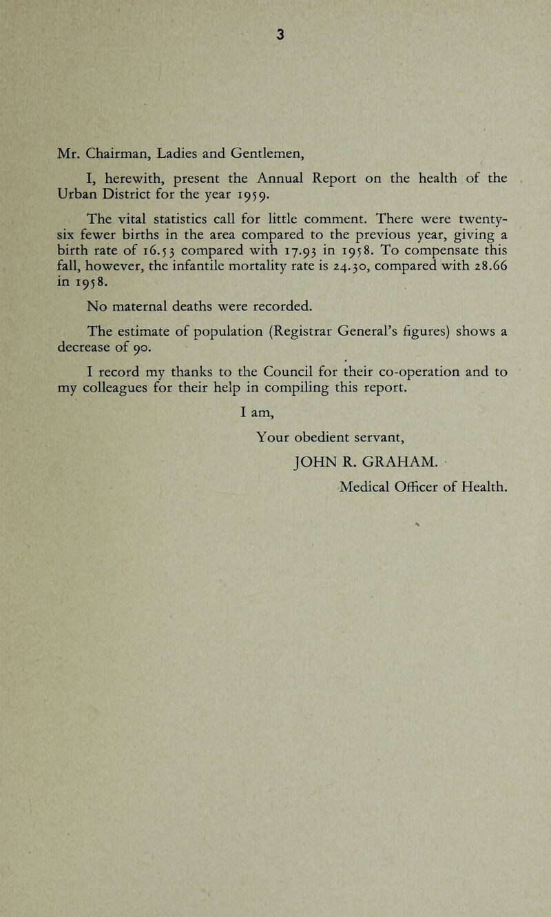 Mr. Chairman, Ladies and Gentlemen, I, herewith, present the Annual Report on the health of the Urban District for the year 1959. The vital statistics call for little comment. There were twenty- six fewer births in the area compared to the previous year, giving a birth rate of 16.53 compared with 17.95 in 1958. To compensate this fall, however, the infantile mortality rate is 24.30, compared with 28.66 in 1958. No maternal deaths were recorded. The estimate of population (Registrar General’s figures) shows a decrease of 90. I record my thanks to the Council for their co-operation and to my colleagues for their help in compiling this report. I am. Your obedient servant, JOHN R. GRAHAM.