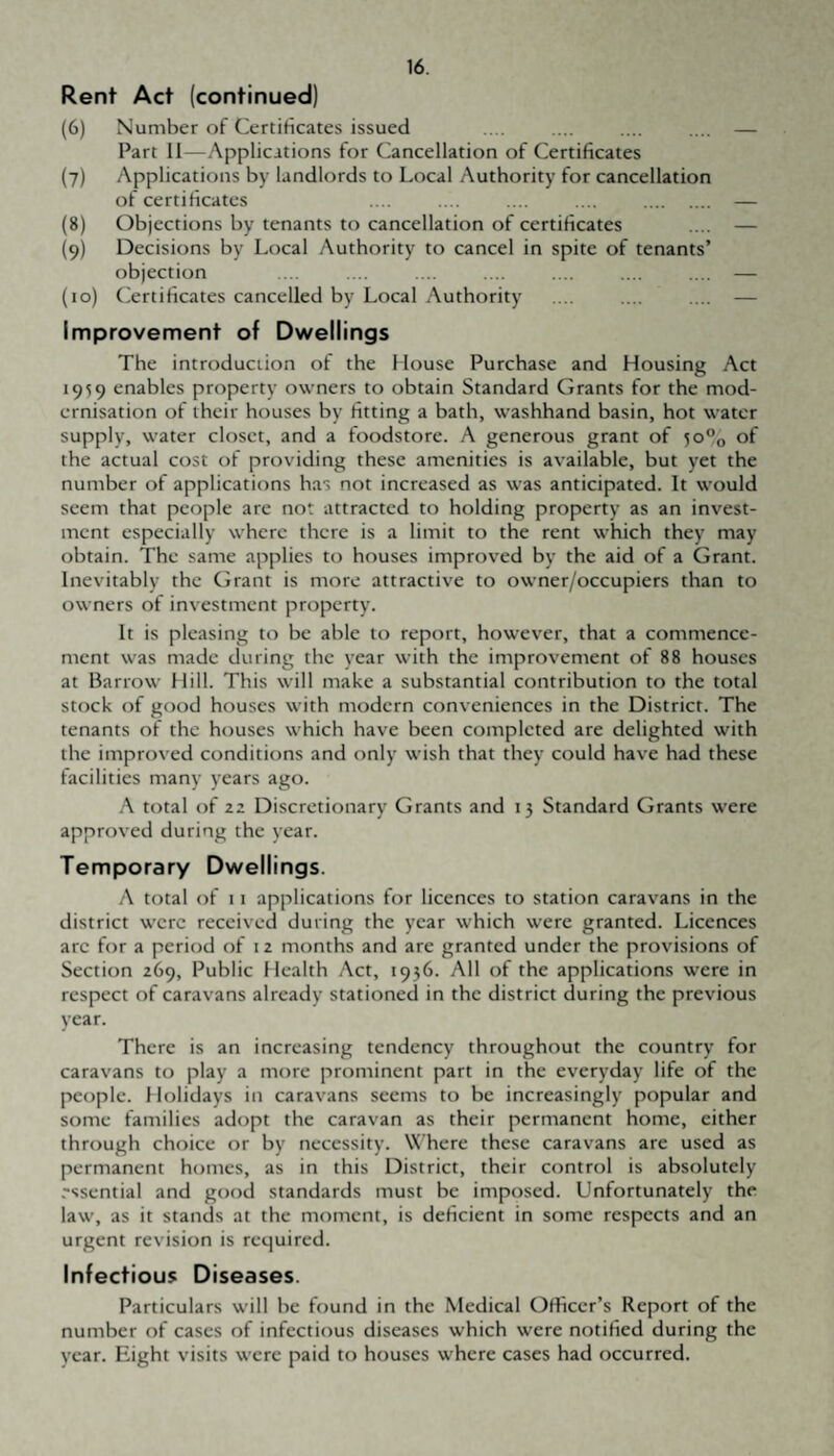 Rent Act (continued) (6) Number of Certificates issued . . .... .... .... — Part II—Applications for (Cancellation of Certificates (7) Applications by landlords to Local Authority for cancellation of certificates .... .... .... .... . — (8) Objections by tenants to cancellation of certificates .... — (9) Decisions by Local Authority to cancel in spite of tenants’ objection ... .... .... .... .... .... .... — (10) (Certificates cancelled by Local Authority .... .... .... — Improvement of Dwellings The introduction of the House Purchase and Housing Act 1959 enables property owners to obtain Standard Grants for the mod¬ ernisation of their houses by fitting a bath, washhand basin, hot water supply, water closet, and a foodstore. A generous grant of 50% of the actual cost of prt)viding these amenities is available, but yet the number of applications has not increased as was anticipated. It would seem that people are not attracted to holding property as an invest¬ ment especially where there is a limit to the rent which they may obtain. The same applies to houses improved by the aid of a Grant. Inevitably the (irant is more attractive to owner/occupiers than to owners of investment property. It is pleasing to be able to report, however, that a commence¬ ment was made during the year with the improvement of 88 houses at Barrow Hill. This will make a substantial contribution to the total stock of good houses with modern conveniences in the District. The tenants of the houses which have been completed are delighted with the improved conditions and only wish that they could have had these facilities many years ago. A total of 22 Discretionary Grants and 15 Standard Grants were approved during the year. Temporary Dwellings. A total of 11 applications for licences to station caravans in the district were received during the year which were granted. Licences arc for a period of 12 months and are granted under the provisions of Section 269, Public Health Act, 1936. All of the applications were in respect of caravans already stationed in the district during the previous year. There is an increasing tendency throughout the country for caravans to play a more prominent part in tbe everyday life of the people. Holidays in caravans seems to be increasingly popular and some families adopt the caravan as their permanent home, cither through choice or by necessity. Where these caravans are used as permanent homes, as in this District, their control is absolutely rssential and good standards must be imposed. Unfortunately the law, as it stands at the moment, is deficient in some respects and an urgent revision is required. Infectious Diseases. Particulars w’ill be found in the Medical Officer’s Report of the number of cases of infectious diseases which were notified during the year. Eight visits were paid to houses where cases had occurred.