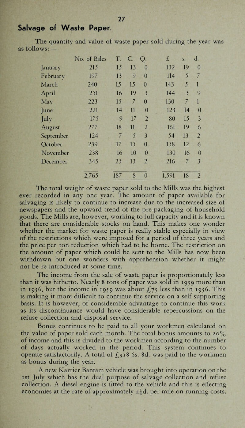 Salvage of Waste Paper. The quantity and value of waste paper sold during the year was as follows:— No. of Bales T. C. Q £ s. d. January 213 13 13 0 132 19 0 February 197 13 9 0 114 5 7 March 240 13 13 0 143 3 1 April 231 16 19 3 144 3 9 May 223 13 7 0 130 7 1 June 221 14 11 0 123 14 0 July 173 9 17 2 80 13 3 August 277 18 11 2 161 19 6 September 124 7 3 3 34 13 2 October 239 17 13 0 138 12 6 November 238 16 10 0 130 16 0 December 343 23 13 2 216 7 3 2,763 187 8 0 1,391 18 2 The total weight of waste paper sold to the Mills was the highest ever recorded in any one year. The amount of paper available for salvaging is likely to continue to increase due to the increased size of newspapers and the upward trend of the pre-packaging of household goods. The Mills are, however, working to full capacity and it is known that there are considerable stocks on hand. This makes one wonder whether the market for waste paper is really stable especially in view of the restrictions which were imposed for a period of three years and the price per ton reduction which had to be borne. The restriction on the amount of paper which could be sent to the Mills has now been withdrawn but one wonders with apprehension whether it might not be re-introduced at some time. The income from the sale of waste paper is proportionately less than it was hitherto. Nearly 8 tons of paper was sold in 1959 more than in 1956, but the income in 1959 was about £-]•) less than in 1956. This is making it more difficult to continue the service on a self supporting basis. It is however, of considerable advantage to continue this work as its discontinuance would have considerable repercussions on the refuse collection and disposal service. Bonus continues to be paid to all your workmen calculated on the value of paper sold each month. The total bonus amounts to zo°q of income and this is divided to the workmen according to the number of days actually worked in the period. This system continues to operate satisfactorily. A total of 6s. 8d. was paid to the workmen as bonus during the year. A new Karrier Bantam vehicle was brought into operation on the I St July which has the dual purpose of salvage collection and refuse collection. A diesel engine is fitted to the vehicle and this is effecting economies at the rate of approximately Zjd. per mile on running costs.
