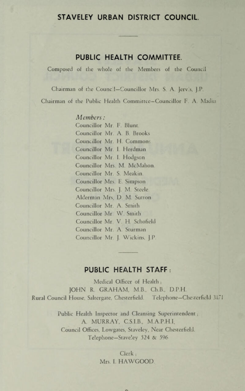 STAVELEY URBAN DISTRICT COUNCIL PUBLIC HEALTH COMMITTEE. Compoicd of the whole of the Members of the Council Chairman of the Counc l—Councillor Mrs. S A. Jervis, j.P. Chairman of the Public Health Committee—Councillor F A Matiin Members : Councillor Mr F. Blunt. Councillor Mr A B. Brooks Councillor Mr H Commons Councillor Mr 1 Herdman Councillor Mr 1 Hodgson Councillor Mrs M McMahon Councillor Mr S. Meakin Councillor Mrs E Simpson Councillor Mrs. j. M. Steele Alderman Mrs. D M. Sutton Councillor Mr. A. Smith Councillor Mr \V Smith Councillor Mr V H Schofield Councillor Mr A Sturman Councillor Mr ] W'ickins. j P PUBLIC HEALTH STAFF: Medical Officer of Health ; JOHN R. GRAHAM, M B., Ch B., D PlI. Rural Council House, Saltergare, Chesterfield felcphone—Chesterfield .3171 Public Health Inspector and Cleansing Superintendent ; A MURRAY, C.S I B., M A P.H 1. Council Offices, Lowgates, Staveley, Near Chesterfield. Telephone—Staveley 524 &: 596 Clerk :