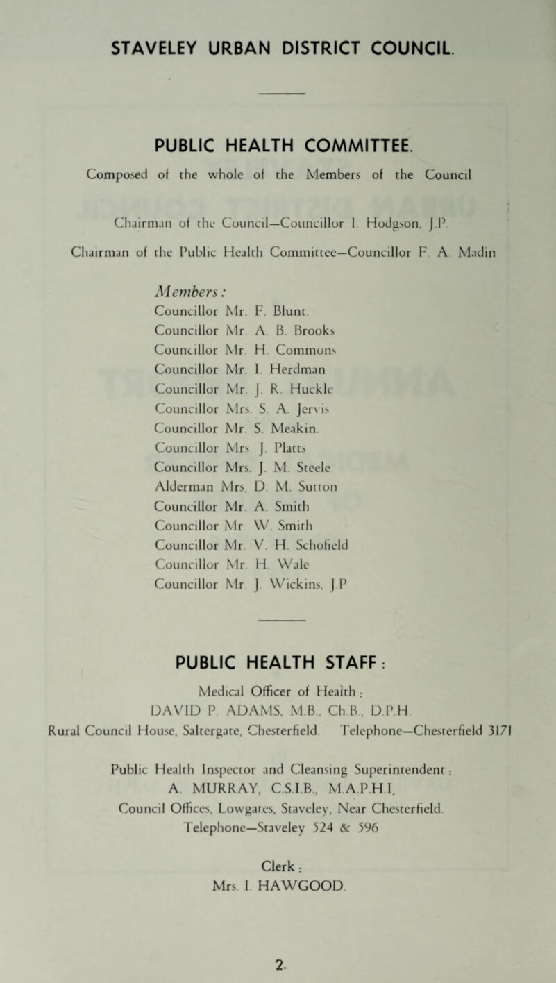 STAVELEY URBAN DISTRICT COUNCIL PUBLIC HEALTH COMMITTEE. Composed ol the whole of the Members of the Council ('luirm.in of the Council—Councillor 1 Hodgson. J P Chairm.in of the Public Health Committee—Councillor F A M.idin Members: Councillor Mr. F. Blunt Councillor Mr A. B. Brooks Councillor Mr FI Common^ Councillor Mr, 1. Herdman Councillor Mr J R Huckle Councillor Mrs S A Jcr\ is Councillor Mr S Meakin Councillor Mrs J Platts Councillor Mrs. J M Steele Alderman Mrs. D M. Sutton Councillor Mr. A. Smith Councillor Mr \V Smith Councillor Mr V H. Schoheld Councillor Mr H Wale Councillor Mr j Wickins. | P PUBLIC HEALTH STAFF: Medical Officer of Health ; DAVID P ADAMS. MB.. Ch B, DPH Rural Council House, Saltcrgate, Chesterfield. Telephone—Chesterfield .3171 Public Health Inspector and Cleansing Superintendent; A MURRAY. C.S.I.B.. M.A P.H I. Council Offices. Lowgates, Staveley, Near Chesterfield l elephone-Staveley 524 & 596 Clerk: Mrs 1 HAWGOOD