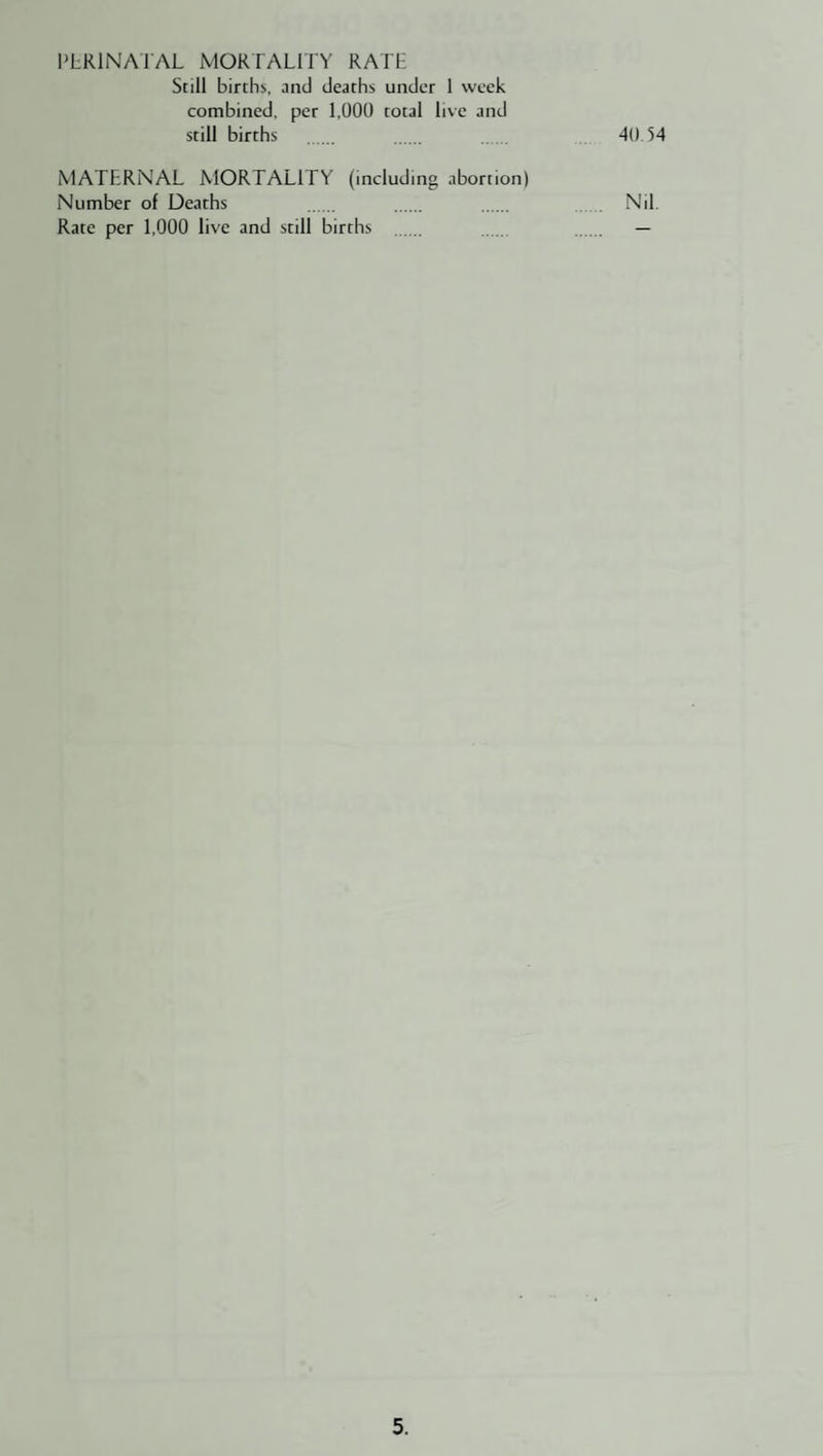 I'LRINATAL MORTALITY RATE Still births, and deaths under 1 week combined, per 1,000 total live and still births MATERNAL MORTALITY (including abortion) Number of Deaths Rate per 1,000 live and still births 40.54 Nil.