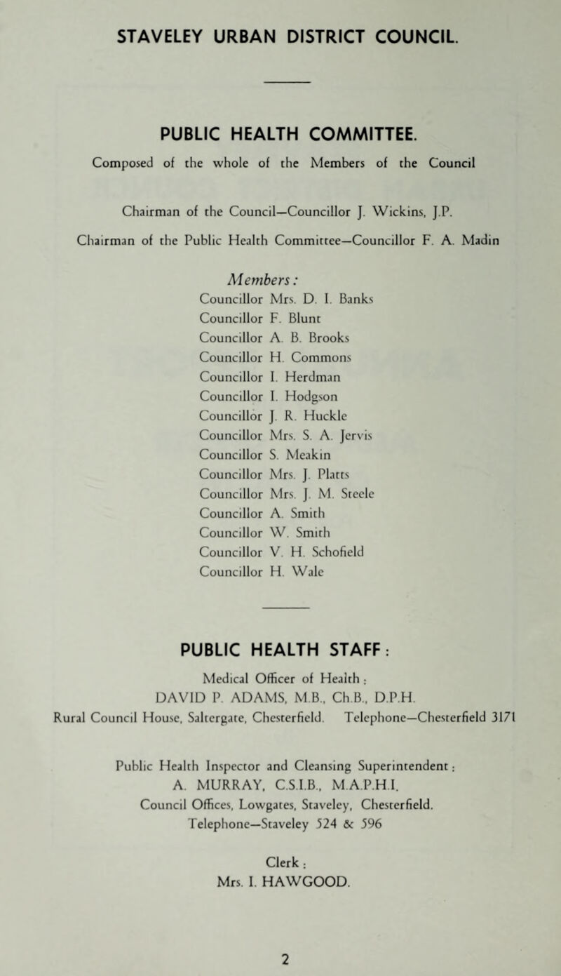 STAVELEY URBAN DISTRICT COUNCIL PUBLIC HEALTH COMMITTEE. Composed of the whole of the Members of the Council Chairman of the Council—Councillor J. Wickins, J.P. Chairman of the Public Health Committee—Councillor F. A. Madin Members: Councillor Mrs. D. 1. Banks Councillor F. Blunt Councillor A B. Brooks Councillor H. Commons Councillor I Herdman Councillor 1. Hodgson Councillor J. R. Huckle Councillor Mrs. S. A. Jervis Councillor S. Meakin Councillor Mrs. J. Platts Councillor Mrs. J. M. Steele Councillor A. Smith Councillor W. Smith Councillor V. H. Schofield Councillor H. Wale PUBLIC HEALTH STAFF: Medical Officer of Health; DAVID P. ADAMS. M B.. Ch.B.. D.P.H. Rural Council House. Saltergate. Chesterfield. Telephone-Chesterfield 3171 Public Health Inspector and Cleansing Superintendent; A. MURRAY. C.S.I.B.. M.A.P.H 1. Council Offices. Lowgates. Staveley. Chesterfield, lelephonc—Staveley 524 & 396 Clerk: Mrs. I. HAWGOOD.