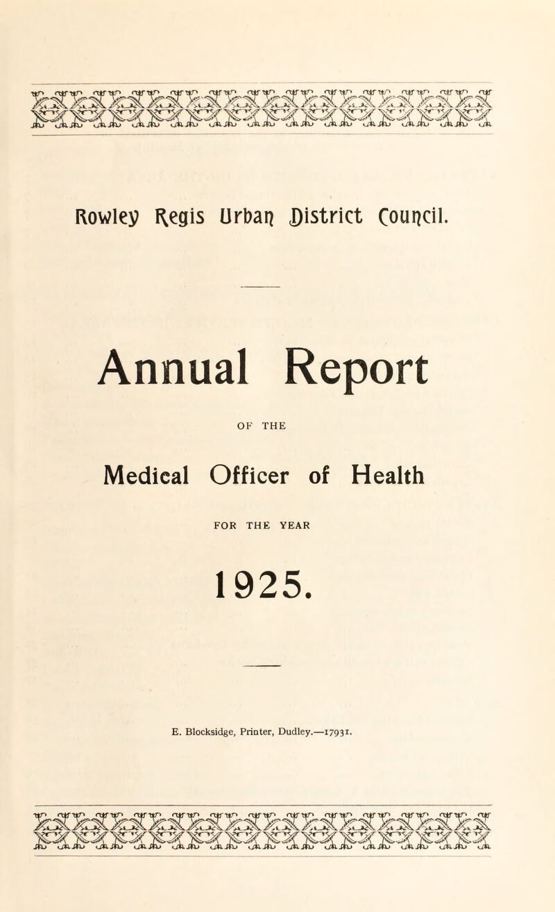 Rowley Regis Urban District Council. Annual Report OF THE Medical Officer of Health FOR THE YEAR 1925. E. Blocksidge, Printer, Dudley.—17931.