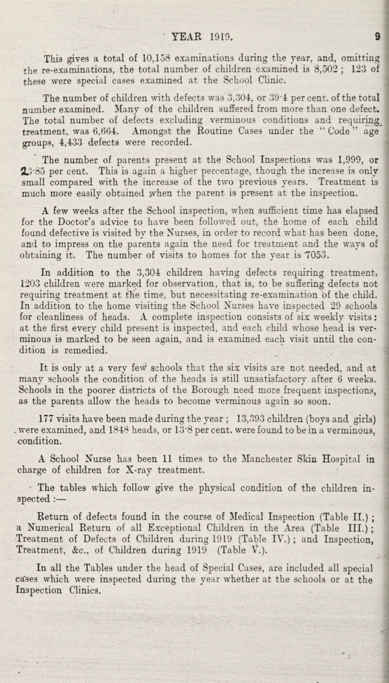 This gives a total of 10,158 examinations during the year, and, omitting the re-examinations, the total number of children examined is 8,502 ; 123 of these were special cases examined at the School Clinic. The number of children with defects was 3,304, or 39'4 percent, of the total number examined. Many of the children suffered from more than one defect. The total number of defects excluding verminous conditions and requiringj treatment, was 6,664. Amongst the Routine Cases under the “ Code ” age groups, 4,433 defects were recorded. The number of parents present at the School Inspections was 1,999, or 2Lb85 per cent. This is again a higher percentage, though the increase is only small compared with the increase of the two previous years. Treatment is much more easily obtained when the parent is present at the inspection. A few weeks after the School inspection, when sufficient time has elapsed for the Doctor’s advice to have been followed out, the home of each child found defective is visited bv the Nurses, in order to record what has been done, and to impress on the parents again the need for treatment and the ways of obtaining it. The number of visits to homes for the year is 7053. In addition to the 3,304 children having defects requiring treatment, 1203 children were marked for observation, that is, to be suffering defects not requiring treatment at tire time, but necessitating re-examination of the child. In addition to the home visiting the School Nurses have inspected 29 schools for cleanliness of heads. A complete inspection consists of six weekly visits: at the first every child present is inspected, and each child whose head is ver¬ minous is marked to be seen again, and is examined each visit until the con¬ dition is remedied. It is only at a very few schools that the six visits are not needed, and at many schools the condition of the heads is still unsatisfactory after 6 weeks. %/ V Schools in the poorer districts of the Borough need more frequent inspections, as the parents allow the heads to become verminous again so soon. 177 visits have been made during the year ; 13,393 children (boys and girls) . were examined, and 1848 heads, or 13*8 per cent, were found to be in a verminous, condition. A School Nurse has been 11 times to the Manchester Skin Hospital in charge of children for X-ray treatment. • The tables which follow give the physical condition of the children in¬ spected :— Return of defects found in the course of Medical Inspection (Table II.) ; a Numerical Return of all Exceptional Children in the Area (Table III.); Treatment of Defects of Children during 1919 (Table IV.) ; and Inspection, Treatment, &c., of Children during 1919 (Table V.). In all the Tables under the head of Special Cases, are included all special ca'ses which were inspected during the year whether at the schools or at the Inspection Clinics,