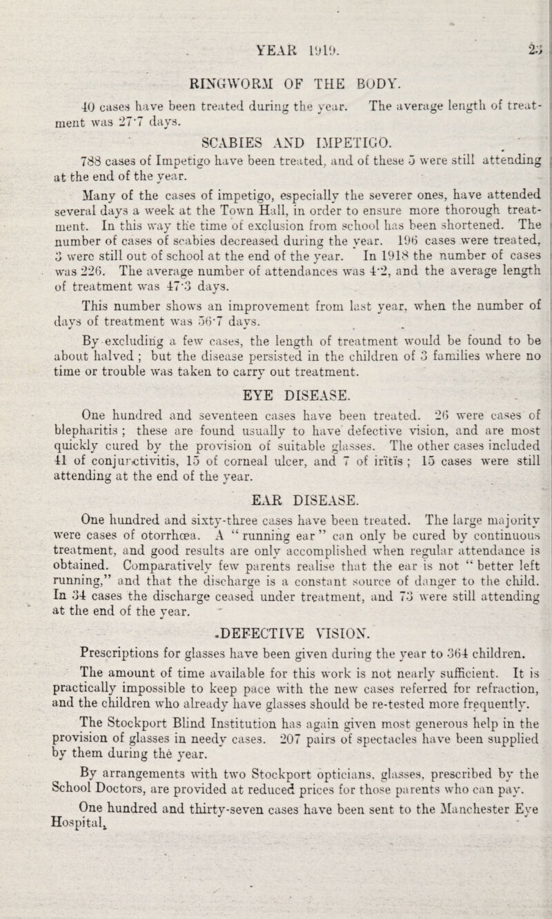 O': RINGWORM OF THE BODY. 40 cases have been treated during the year. The average length of treat¬ ment was '21'1 days. SCABIES AND IMPETIGO. _ ‘ 788 cases of Impetigo have been treated, and of these 5 were still attending at the end of the year. Many of the cases of impetigo, especially the severer ones, have attended several days a week at the Town Hall, in order to ensure more thorough treat¬ ment. In this way the time of exclusion from school has been shortened. The number of cases of scabies decreased during the year. 196 cases were treated, 3 were still out of school at the end of the year. In 1918 the number of cases was 226. The average number of attendances was 4*2, and the average length of treatment was 47 *3 days. This number shows an improvement from last year, when the number of days of treatment was 56*7 days. By excluding a few cases, the length of treatment would be found to be about halved ; but the disease persisted in the children of 3 families where no time or trouble was taken to carry out treatment. EYE DISEASE. One hundred and seventeen cases have been treated. 26 were cases' of blepharitis ; these are found usually to have defective vision, and are most quickly cured by the provision of suitable glasses. The other cases included 41 of conjunctivitis, 15 of corneal ulcer, and 7 of iritis ; 15 cases were still attending at the end of the year. EAR DISEASE. One hundred and sixty-three cases have been treated. The large majority were cases of otorrhoea. A “running ear” can onlv be cured bv continuous treatment, and good results are only accomplished when regular attendance is obtained. Comparatively few parents realise that the ear is not “ better left running,” and that the discharge is a constant source of danger to the child. In 34 cases the discharge ceased under treatment, and 73 were still attending at the end of the Year. «/ .DEFECTIVE VISION. Prescriptions for glasses have been given during the year to 364 children. The amount of time available for this work is not nearly sufficient. It is practically impossible to keep pace with the new cases referred for refraction, and the children who already have glasses should be re-tested more frequently. The Stockport Blind Institution has again given most generous help in the provision of glasses in needy cases. 207 pairs of spectacles have been supplied by them during the year. By arrangements with two Stockport opticians, glasses, prescribed by the School Doctors, are provided at reduced prices for those parents who can pay. One hundred and thirty-seven cases have been sent to the Manchester Eye Hospital,,