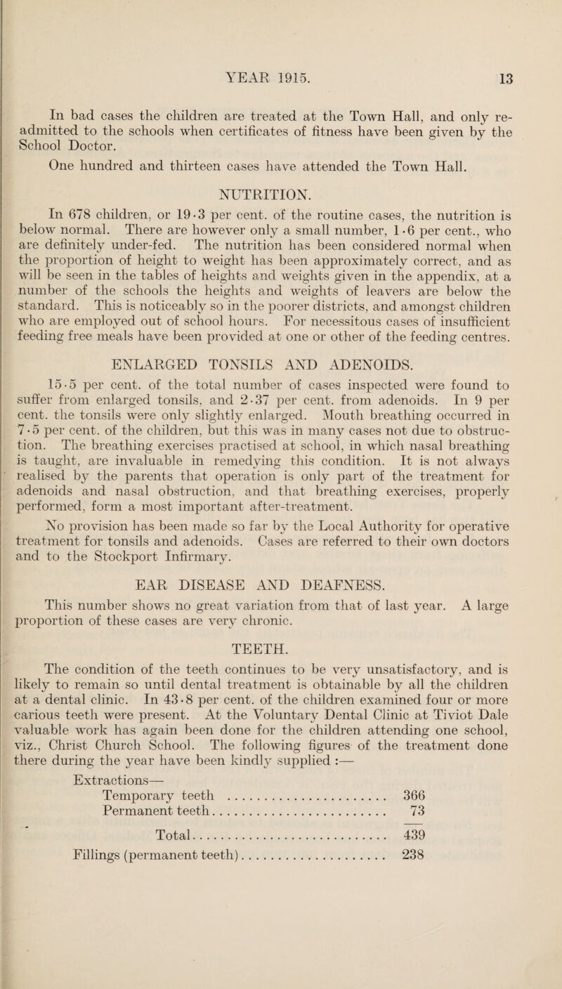 In bad cases the children are treated at the Town Hall, and only re¬ admitted to the schools when certificates of fitness have been given by the School Doctor. One hundred and thirteen cases have attended the Town Hall. NUTRITION. In 678 children, or 19*3 per cent, of the routine cases, the nutrition is below normal. There are however only a small number, 1 *6 per cent., who are definitely under-fed. The nutrition has been considered normal when the proportion of height to weight has been approximately correct, and as will be seen in the tables of heights and weights given in the appendix, at a number of the schools the heights and weights of leavers are below the standard. This is noticeably so in the poorer districts, and amongst children who are employed out of school hours. For necessitous cases of insufficient feeding free meals have been provided at one or other of the feeding centres. ENLARGED TONSILS AND ADENOIDS. 15*5 per cent, of the total number of cases inspected were found to suffer from enlarged tonsils, and 2*37 per cent, from adenoids. In 9 per cent, the tonsils were only slightly enlarged. Mouth breathing occurred in 7 *5 per cent, of the children, but this was in many cases not due to obstruc¬ tion. The breathing exercises practised at school, in which nasal breathing is taught, are invaluable in remedying this condition. It is not always realised by the parents that operation is only part of the treatment for adenoids and nasal obstruction, and that breathing exercises, properly performed, form a most important after-treatment. No provision has been made so far by the Local Authority for operative treatment for tonsils and adenoids. Cases are referred to their own doctors and to the Stockport Infirmary. EAR DISEASE AND DEAFNESS. This number shows no great variation from that of last year. A large proportion of these cases are very chronic. TEETH. The condition of the teeth continues to be very unsatisfactory, and is likely to remain so until dental treatment is obtainable by all the children at a dental clinic. In 43*8 per cent, of the children examined four or more carious teeth were present. At the Voluntary Dental Clinic at Tiviot Dale valuable work has again been done for the children attending one school, viz., Christ Church School. The following figures of the treatment done there during the year have been kindly supplied :— Extractions— Temporary teeth . 366 Permanent teeth. 73 Total. 439 Fillings (permanent teeth). 238
