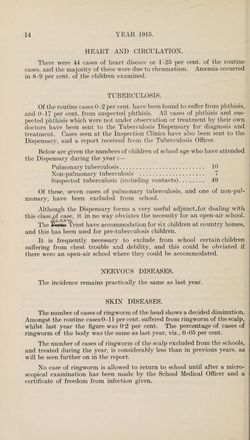 HEART AND CIRCULATION. There were 44 cases of heart disease or 1-25 per cent, of the routine cases, and the majority of these were due to rheumatism. Anaemia occurred in 8-9 per cent, of the children examined. TUBERCULOSIS. Of the routine cases 0 -2 per cent, have been found to suffer from phthisis, and 0*17 per cent, from suspected phthisis. All cases of phthisis and sus¬ pected phthisis which were not under observation or treatment by their own doctors have been sent to the Tuberculosis Dispensary for diagnosis and treatment. Cases seen at the Inspection Clinics have also been sent to the Dispensary, and a report received from the Tuberculosis Officer. Below are given the numbers of children of school age who have attended the Dispensary during the year :— Pulmonary tuberculosis. 10 Non-pulmonary tuberculosis .. 7 Suspected tuberculosis (including contacts). 49 Of these, seven cases of pulmonary tuberculosis, and one of non-pul¬ monary, have been excluded from school. Although the Dispensary forms a very useful adjunct ..for dealing with this class of case, it in no way obviates the necessity for an open-air school. The iSSc Trust have accommodation for six children at country homes, and this has been used for pre-tuberculosis children. It is frequently necessary to exclude from school certain children suffering from chest trouble and debility, and this could be obviated if there were an open-air school where they could be accommodated. NERVOUS DISEASES. The incidence remains practically the same as last year. SKIN DISEASES. The number of cases of ringworm of the head shows a decided diminution. Amongst the routine cases 0-11 percent, suffered from ringworm of the scalp, whilst last year the figure was 0 2 per cent. The percentage of cases of ringworm of the body was the same as last year, viz., 0-05 per cent. The number of cases of ringworm of the scalp excluded from the schools, and treated during the year, is considerably less than in previous years, as will be seen further on in the report. No case of ringworm is allowed to return to school until after a micro¬ scopical examination has been made by the School Medical Officer and a certificate of freedom from infection given.