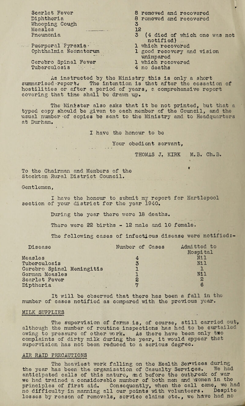 Scarlet Fever Diphtheria Whooping Cough Measles _ Pneumonia Puerperal Pyrexia- Ophthalmia Neonatorum Cerebro Spinal Fever Tuberculosis 8 removed and recovered 8 removed and recovered 3 12 3 (4 died of which one was not notified) 1 which recovered 1 good recovery and vision unimpared 1 which recovered 4 no deaths As instructed by the Ministry this is only a short summarised-report* The intention is that after the cessation of hostilities or after a period of years, a comprehensive report covering that time shall be drawn up. The Minister also asks that it be not printed, but that a typed copy should be given to each member of the Council, and the usual number -of copies be sent to the Ministry and to Headquarters at Durham. I have the honour to be Your obedient servant, THOMAS J. KIRK M.B. Ch.B. To the Chairman and Members of the Stockton Rural District Council. Gentlemen, I have the honour to submit my report for Hartlepool section of your district for the year 1940. During the year there were 18 deaths. There were 22 births - 12 male and 10 female. The following cases of infectious disease were notified Disease Number of Cases Admitted to Hospital Measles 4 Nil Tuberculosis 3 Nil Cerebro Spinal Meningitis 1 1 German Measles 1 Nil Scarlet Fever 2 2 Diptheria 7 6 It will be observed that there has been a fall in the number of cases notified as compared with the previous year. MILK SUPPLIES The supervision of farms is, of course, still carried out, although the number of routine inspections has had to be curtailed owing to pressure of other vrork. As there have been only two complaints of dirty milk during the year, it would appear that supervision has not been reduced to a serious degree. AIR RAID PRECAUTIONS The heaviest work falling on the Health Services during the year has been the organisation of Casualty Services. We had anticipated calls of this nature, md before the outbreak of war we had trained a considerable number of both men and Wfomen in the principles of first aid. Consequently, when the call came, we had no difficulty in manning all our points with volunteers. Despite losses by reason of removals, service claims etc., we h&ve had no