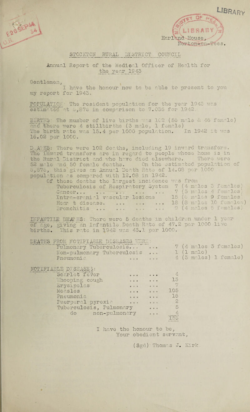 | ft | Cl v | tSe\v*-1 Harland House., Norton- on-Te e s. STOCKTON RURAL DISTRICT_COUNCIL Annual Report of the Medical Officer of Health for the year 1943 Gentlemen, I have the honour now to he able to present to you my report for 1943. POPULATION• The resident population for the year 1943 was estimated at o,87S in comparison to 7.035 for 1942. BIRTHS' The number of live births was 1C2 (56 male N 46 and there were 4 stillbirths (3 male, 1 female) The birth rate was 15.4 per 1000 population. In 1942 female) i t v a s 16o02 per 1000. DEATHSg There were 102 deaths. The inward transfers are in re, the Rural District and who have died 52 male and 50 female deaths. On including 19 inward pard to people whose elsewhere, the estimated transfers. home is In There were population of G , O ( O thi s population gives an Annual Death Rhte ol s compared with 12.08 in 1942 14.08 per 1000 Of these deaths tho largest incidence Tuberculosis of Respiratory System Cane GP ( O O OOO COO 030 003 Intra-ernnial vascular lesions PLaac u aisense. ooo ..o o.. bronchitis oo. o.. ... .o. whs from 7 (4 malos 7 (3 mules 15 (6 males 18 (8 males 9 (4 males 5 females) 4 f eina lo s) 9 females'. 10 fomales) 5 females) IIIFANTIIE DEADHS; There were 5 deaths 'in children under 1 year of age, giving an Infantile Death Rato of 47.2 per 1000 live births. This rate In 1942 was 43.1 per 1000. DEATHS FROM NOTIFT ABIE DISEASES Pulmonary Tuberculosis. . Non-pulmonary Tuberculo; Pneumonia 7 (4 'males 3 females) 1 (1 malo) 4 (3 males) 1 female) NOT I FT s,BLE DISEASE33 Scarlet fever ooo whooping cough Erysipelas Mensles Pneumonia Puerperal pyrexia. Tuberculosis, Pulmonary do non-pulmonary ooo ooo 4 15 ooo ry ( ooo ooo 105 16 2 5 4 If JO I have the Your honour to be, obedient servant. (Sgd) Thomas