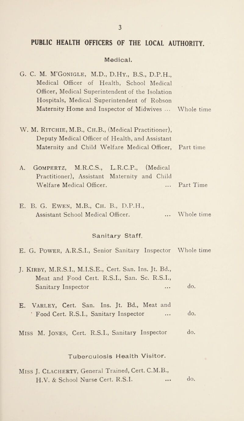 PUBLIC HEALTH OFFICERS OF THE LOCAL AUTHORITY. Medical. G. C. M. M’Gonigle, M.D., D.Hy., B.S., D.P.H., Medical Officer of Health, School Medical Officer, Medical Superintendent of the Isolation Hospitals, Medical Superintendent of Robson Maternity Home and Inspector of Midwives ... Whole time W. M. Ritchie, M.B., Ch.B., (Medical Practitioner), Deputy Medical Officer of Health, and Assistant Maternity and Child Welfare Medical Officer, Part time A. Gompertz, M.R.C.S., L.R.C.P., (Medical Practitioner), Assistant Maternity and Child Welfare Medical Officer. Part Time E. B. G. Ewen, M.B., Ch. B., D.P.H., Assistant School Medical Officer. Whole time Sanitary Staff. E. G. POWER, A.R.S.I., Senior Sanitary Inspector Whole time J. Kirby, M.R.S.I., M.I.S.E., Cert. San. Ins. Jt. Bd., Meat and Food Cert. R.S.I., San. Sc. R.S.I., Sanitary Inspector do. E. VARLEY, Cert. San. Ins. Jt. Bd., Meat and ‘ Food Cert. R.S.I., Sanitary Inspector do. Miss M. Jones, Cert. R.S.I., Sanitary Inspector do. Tuberculosis Health Visitor. Miss J. Clacherty, General Trained, Cert. C.M.B., H.V. & School Nurse Cert. R.S.I- do.
