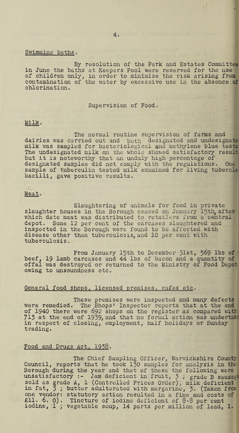 6. Scarlet Fever. This disease was of the usual mild type. Cases were reported from each Ward but the highest incidence was in Maney and Walmley, from which more than half of the cases were notified. The case rate is 1-45 as compared with 1*63 for _ England and Wales and 1*57 for the Smaller Towns. The mortality was nil. Diphtheria. Four cases with a final diagnosis of diphtheria occurred in the Borough during the year, and the case rate is •10 as compared with 1.16 for England and Wales and 1«21 lor the Smaller Towns. The mortality was nil as compared with •06 for England and Wales and *05 for the Smaller Towns. The usual circulars were sent to parents of entrant school children offering immunization, and the acceptance rate was over 60 per cent. Unfortunately, however, owing to stress of work and other circumstances the immunizatioi of these children was behindhand at the end of the year, but the arrears were dealt with early in 1941. There was a satisfactory increase in the number of children under 5 years immunized,and material was supplied to doctors for the treatment of 111 children,privately. Measles. The disease became epidemic in the Boldmere Area in the last half of the year. The case rate is 3*20 as compare with 10-24 for England and Wales and 9-99 for the Smaller Towns Mortality was nil as compared with a rate of -02 for England and Wales and the Smaller Towns. Whooping Cough. As with measles the majority of whooping cough cases wore notified from the Boldmere Area and in the last half of the year. The case rate is -79 as compared with 1*34 and 1.35 for England and Wales and the Smaller Towns respective: The mortality was nil as compared with a rate of *02 for England and Wales and the Smaller Towns. Cerebro-spinal Meningitis. There was a marked increase in the incidence of this disease for the year and the case rate for the Borough is •34 as compared with °32 for England and Wales and -29 for the Smaller Towns. The disease was evenly distributed throughout the Borough and cases were notified in each quarter, the highest incidence being in the first and third quarters. Of the 14 ca^ notified six were in males and eight in females. Three deaths from the disease in females were assigned to the Borough, which is equivalent to a case mortal^' rate of 21.4 per cent.