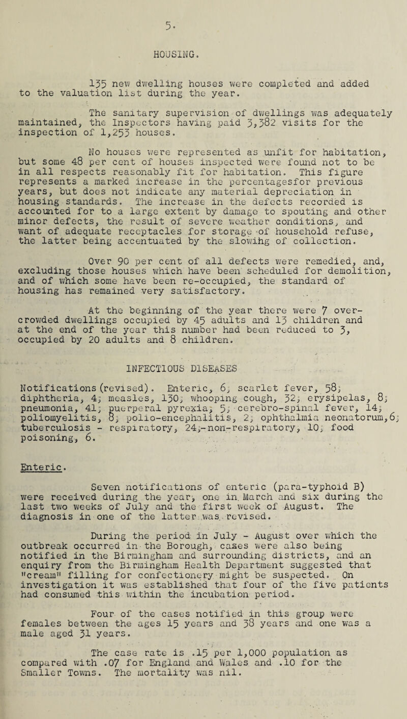 7- Poliomyelitis ana Poiio-encephali tis . 01 the 10 cases uotilled under these heads, 7 occurred in the fourth quarter. The Mortality amongst civilian cases v.as nil, but one death occurred in a non- civilian who was admitted to hospital wailst on leave. Tuberculosis. The notifications of both *che respiratory and non-respiratory forms of the disease show an increase on the figures for 1939* Twenty deaths were classed under respiratoiy disease ana six unuer other forms. The highest incidence of respiratory disease was m the age group 25-35 years ana the highest mortality,in the age groups 35-45 ana 45-55 years. Puerperal pyrexia. The case rate per 1,000 total births for tins disease is 8.31 as compared with 11.96 for England and bales and 9.73 for the Smaller Towns. Two deaths from the disease were assigned to the norough. Ophthalmia neonatorum. Five of the six cases notified were treated at the Birmingham and midland Eye Hospital and one by private practitioner. Five cases are Known to have recovered without damage to vision. The sixth case removed to anotiier Area. Food Poisoning. Bine cases in live outbreaks were investigated. Various fooas, notably tinned salmon and tinned peas were suspected, but no confirmatory evidence was obtained in any case. BAT'EcUmITX miD CHILD bLLFiUtE* Public Health Act 1936, Section 205. Live births notified ... ... ... 478 Still » >' OOO « 0 0 0 9 9 11 Births transferred Inwards Live births 128 Still 11 7 Births transferred outwards 56 Live births Still u 1