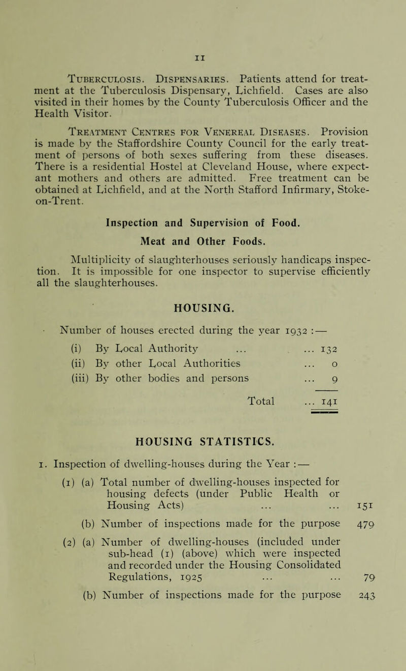Tuberculosis. Dispensaries. Patients attend for treat¬ ment at the Tuberculosis Dispensary, Lichfield. Cases are also visited in their homes by the County Tuberculosis Officer and the Health Visitor. Treatment Centres for Venereal Diseases. Provision is made by the Staffordshire County Council for the early treat¬ ment of persons of both sexes suffering from these diseases. There is a residential Hostel at Cleveland House, where expect¬ ant mothers and others are admitted. Free treatment can be obtained at Lichfield, and at the North Stafford Infirmary, Stoke- on-Trent. Inspection and Supervision of Food. Meat and Other Foods. Multiplicity of slaughterhouses seriously handicaps inspec¬ tion. It is impossible for one inspector to supervise efficiently all the slaughterhouses. HOUSING. Number of houses erected during the year 1932 : — (i) By Local Authority ... ... 132 (ii) By other Local Authorities ... o (iii) By other bodies and persons ... 9 Total ... 141 HOUSING STATISTICS. 1. Inspection of dwelling-houses during the Year : — (1) (a) Total number of dwelling-houses inspected for housing defects (under Public Health or Housing Acts) ... ... 151 (b) Number of inspections made for the purpose 479 (2) (a) Number of dwelling-houses (included under sub-head (1) (above) which were inspected and recorded under the Housing Consolidated Regulations, 1925 ... ... 79 (b) Number of inspections made for the purpose 243