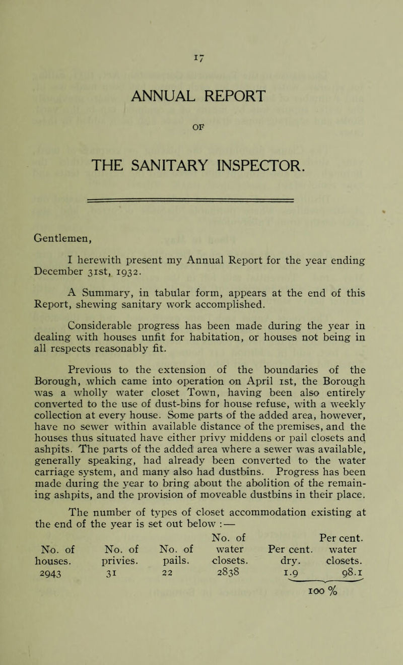 ANNUAL REPORT OF THE SANITARY INSPECTOR. Gentlemen, I herewith present my Annual Report for the year ending December 31st, 1932. A Summary, in tabular form, appears at the end of this Report, shewing sanitary work accomplished. Considerable progress has been made during the year in dealing with houses unfit for habitation, or houses not being in all respects reasonably fit. Previous to the extension of the boundaries of the Borough, which came into operation on April 1st, the Borough was a wholly water closet Town, having been also entirely converted to the use of dust-bins for house refuse, with a weekly collection at every house. Some parts of the added area, however, have no sewer within available distance of the premises, and the houses thus situated have either privy middens or pail closets and ashpits. The parts of the added1 area where a sewer was available, generally speaking, had already been converted to the water carriage system, and many also had dustbins. Progress has been made during the year to bring about the abolition of the remain¬ ing ashpits, and the provision of moveable dustbins in their place. The number of types of closet accommodation existing at the end of the year is set out below : — No. of Per cent. No. of No. of No. of water Per cent. water houses. privies. pails. closets. dry. closets. 2943 3i 22 2838 1.9 98.1 100 %