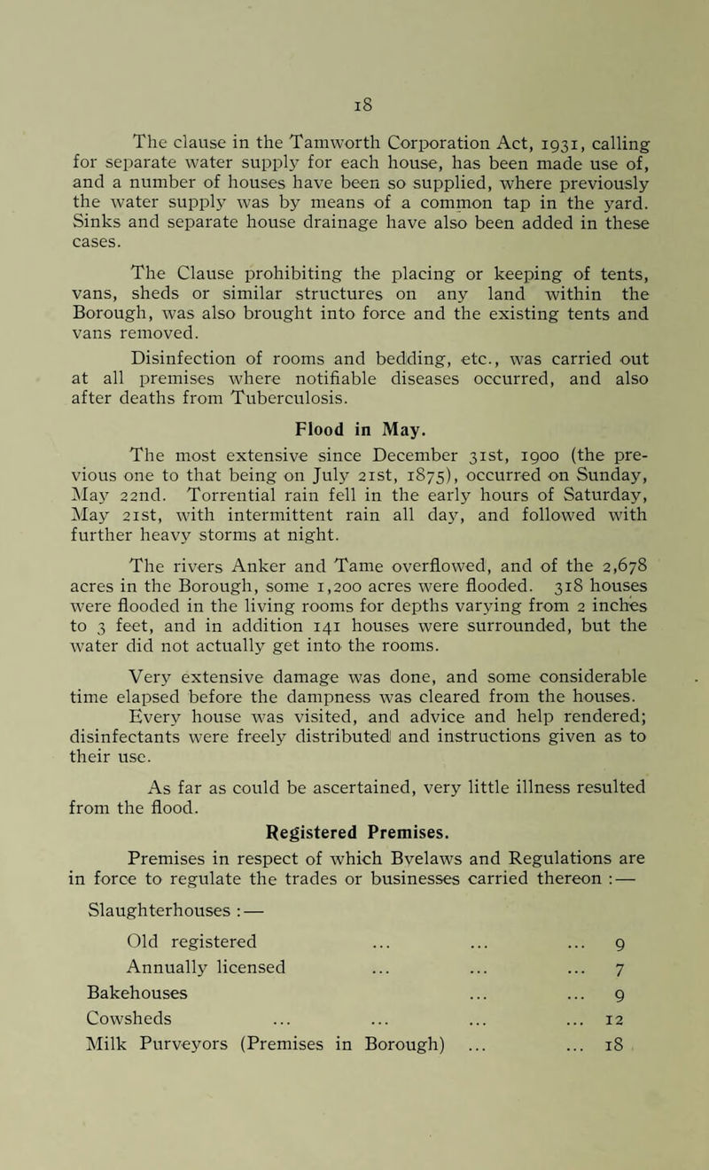 The clause in the Tamworth Corporation Act, 1931, calling for separate water supply for each house, has been made use of, and a number of houses have been so supplied, where previously the water supply was by means of a common tap in the yard. Sinks and separate house drainage have also been added in these cases. The Clause prohibiting the placing or keeping of tents, vans, sheds or similar structures on any land within the Borough, was also brought into force and the existing tents and vans removed. Disinfection of rooms and bedding, etc., was carried out at all premises where notifiable diseases occurred, and also after deaths from Tuberculosis. Flood in May. The most extensive since December 31st, 1900 (the pre¬ vious one to that being on July 21st, 1875), occurred on Sunday, Ma}' 22nd. Torrential rain fell in the early hours of Saturday, May 21st, with intermittent rain all day, and followed with further heavy storms at night. The rivers Anker and Tame overflowed, and of the 2,678 acres in the Borough, some 1,200 acres were flooded. 318 houses were flooded in the living rooms for depths varying from 2 inches to 3 feet, and in addition 141 houses were surrounded, but the water did not actually get into- the rooms. Very extensive damage was done, and some considerable time elapsed before the dampness was cleared from the houses. Every house was visited, and advice and help rendered; disinfectants were freely distributed! and instructions given as to their use. As far as could be ascertained, very little illness resulted from the flood. Registered Premises. Premises in respect of which Bvelaws and Regulations are in force to regulate the trades or businesses carried thereon : — Slaughterhouses : — Old registered ... ... ... 9 Annually licensed ... ... ... 7 Bakehouses ... ... 9 Cowsheds ... ... ... ... 12 Milk Purveyors (Premises in Borough) ... ... 18