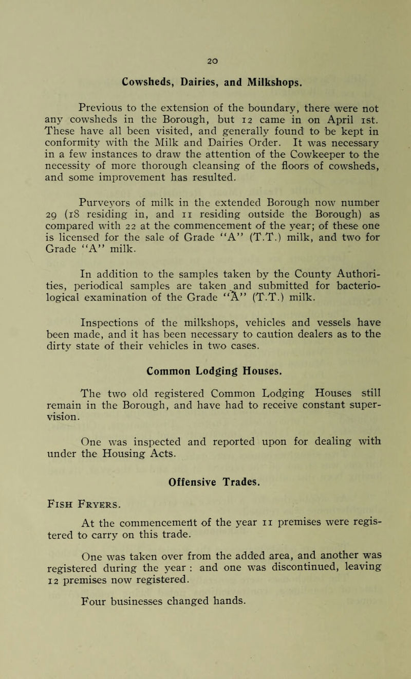 Cowsheds, Dairies, and Milkshops. Previous to the extension of the boundary, there were not any cowsheds in the Borough, but 12 came in on April 1st. These have all been visited, and generally found to be kept in conformity with the Milk and Dairies Order. It was necessary in a few instances to draw the attention of the Cowkeeper to the necessity of more thorough cleansing of the floors of cowsheds, and some improvement has resulted. Purveyors of milk in the extended Borough now number 29 (18 residing in, and 11 residing outside the Borough) as compared with 22 at the commencement of the year; of these one is licensed for the sale of Grade “A” (T.T.) milk, and two for Grade “A” milk. In addition to the samples taken by the County Authori¬ ties, periodical samples are taken and submitted for bacterio¬ logical examination of the Grade “A” (T.T.) milk. Inspections of the milkshops, vehicles and vessels have been made, and it has been necessary to caution dealers as to the dirty state of their vehicles in two cases. Common Lodging Houses. The two old registered Common Lodging Houses still remain in the Borough, and have had to receive constant super¬ vision. One was inspected and reported upon for dealing with under the Housing Acts. Offensive Trades. Fish Fryers. At the commencement of the year 11 premises were regis¬ tered to carry on this trade. One was taken over from the added area, and another was registered during the year : and one was discontinued, leaving 12 premises now registered. Four businesses changed hands.