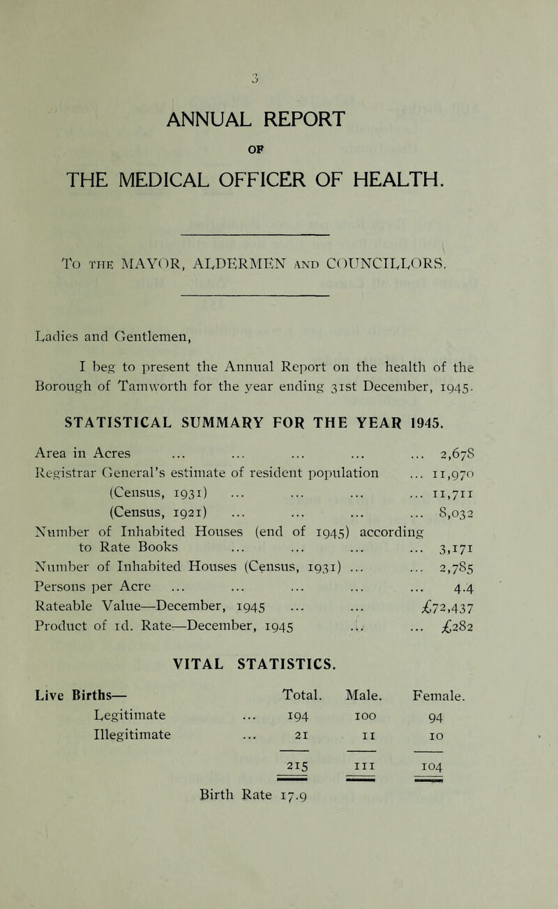 ANNUAL REPORT OF THE MEDICAL OFFICER OF HEALTH. To the MAYOR, ALDERMEN and C< (UNCILLORS. Ladies and Gentlemen, I beg' to present the Annual Report on the health of the Borough of Tam worth for the year ending 31st December, 1945. STATISTICAL SUMMARY FOR THE YEAR 1945. Area in Acres Registrar General’s estimate of resident population (Census, 1931) (Census, 1921) Number of Inhabited Houses (end of 1945) according 2,67s 11,970 11,711 8,032 to Rate Books . . . . . . • •• 3A7i Number of Inhabited Houses (Census, 1931) ... 2,785 Persons per Acre 4.4 Rateable Value—December, 1945 . . . ;672,437 Product of id. Rate—December, 1945 ;U ... X282 VITAL STATISTICS. Live Births— Total. Male. Female. Legitimate 194 100 94 Illegitimate 21 11 10 215 hi 104 Birth Rate 17.9