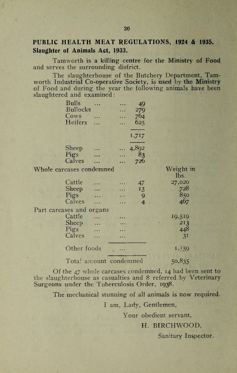 PUBLIC HEALTH MEAT REGULATIONS, 1924 & 1935. Slaughter of Animals Act, 1933. Tamworth is a killing centre for the Ministry of Food and serves the surrounding district. The slaughterhouse of the Butchery Department, Tam¬ worth Industrial Co-operative Society, is used by the Ministry of Food and during the year the following animals have been slaughtered and examined : Bulls 49 Bullocks ... 279 Cows ... 764 Heifers ... 625 L7I7 Sheep ... 4,892 Pigs - 83 Calves 726 Whole carcases condemned Weight in lbs. Cattle 47 27,020 Sheep 13 728 Pigs 9 850 Calves 4 467 Part carcases and organs Cattle . . . 19,519 Sheep ... 213 Pigs 448 Calves ... 3i Other foods ... L559 Total amount condemned 50,835 Of the 47 whole carcases condemned, 14 bad been sent to the slaughterhouse as casualties and 8 referred by Veterinary Surgeons under the Tuberculosis Order, 1938. The mechanical stunning of all animals is now required. I am, Lady, Gentlemen, Your obedient servant, H. BIRCHWOOD. Sanitary In&pector.