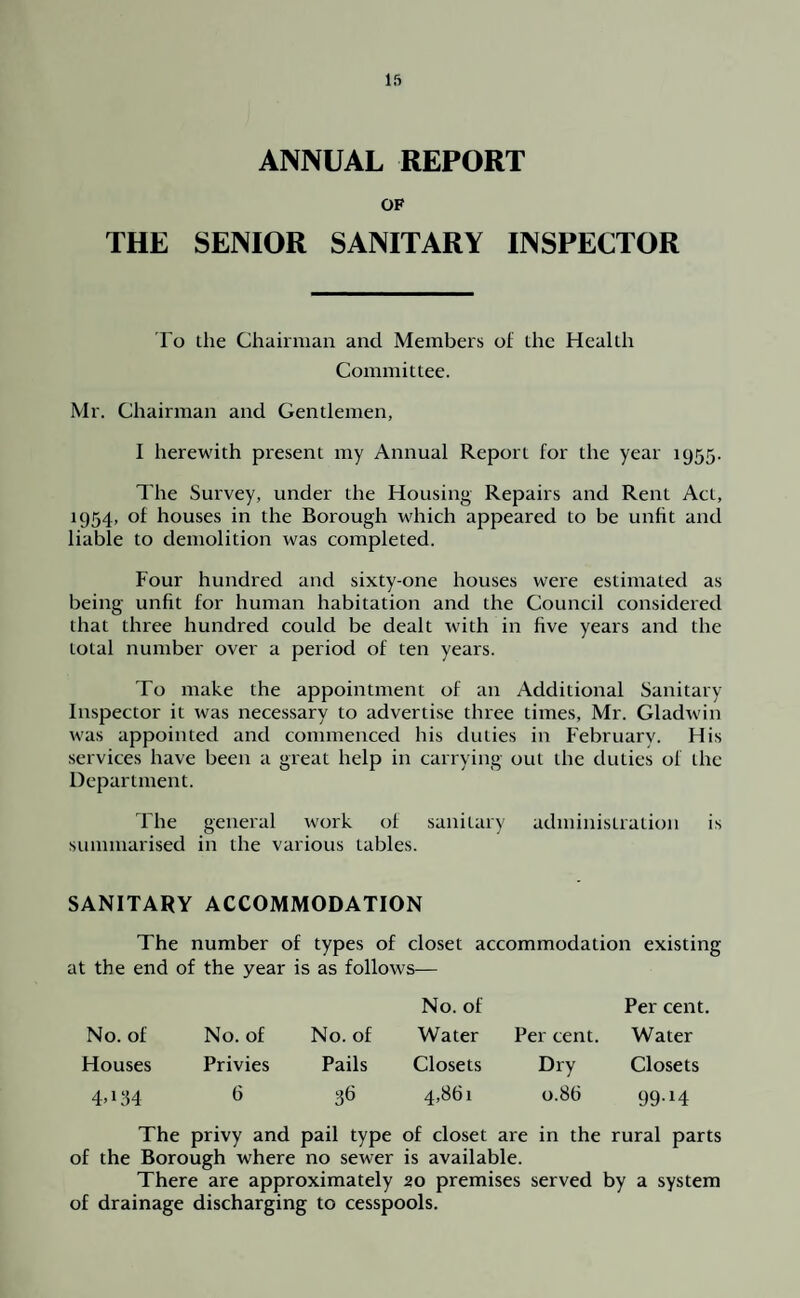lft ANNUAL REPORT OF THE SENIOR SANITARY INSPECTOR To the Chairman and Members of the Health Committee. Mr. Chairman and Gentlemen, I herewith present my Annual Report for the year 1955. The Survey, under the Housing Repairs and Rent Act, 1954, of houses in the Borough which appeared to be unfit and liable to demolition was completed. Four hundred and sixty-one houses were estimated as being unfit for human habitation and the Council considered that three hundred could be dealt with in five years and the total number over a period of ten years. To make the appointment of an Additional Sanitary- Inspector it was necessary to advertise three times, Mr. Gladwin was appointed and commenced his duties in February. His services have been a great help in carrying out the duties of the Department. The general work of sanitary administration is summarised in the various tables. SANITARY ACCOMMODATION The number of types of closet accommodation existing at the end of the year is as follows— No. of No. of No. of No. of Water Per cent. Per cent. Water Houses Privies Pails Closets Dry Closets 4-C14 6 36 4,861 0.86 99-14 The privy and pail type of closet are in the rural parts of the Borough where no sewer is available. There are approximately 20 premises served by a system of drainage discharging to cesspools.