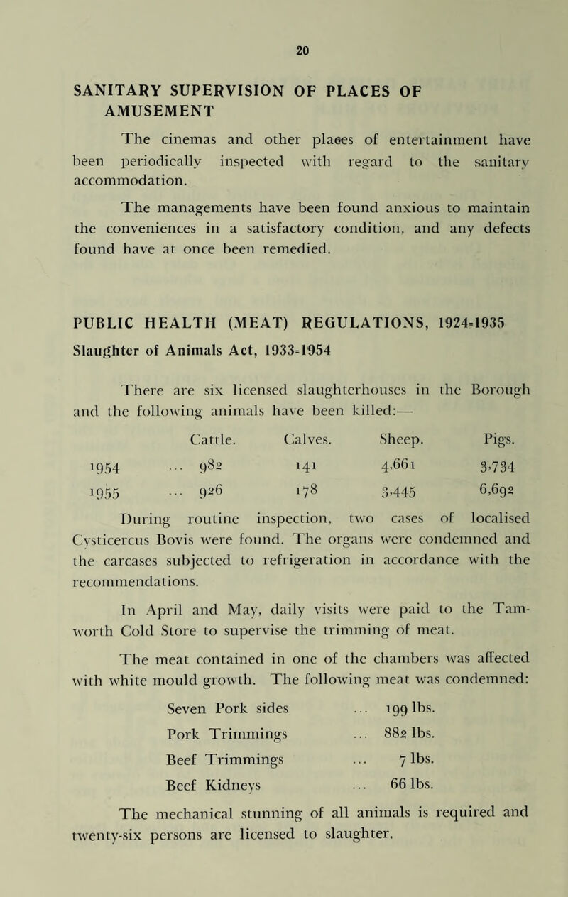 SANITARY SUPERVISION OF PLACES OF AMUSEMENT The cinemas and other places of entertainment have been periodically inspected with regard to the sanitary accommodation. The managements have been found anxious to maintain the conveniences in a satisfactory condition, and any defects found have at once been remedied. PUBLIC HEALTH (MEAT) REGULATIONS, 1924=1935 Slaughter of Animals Act, 1933=1954 There are six licensed slaughterhouses in the Borough nd the follow ing animal: s have been killed:— Cattle. Calves. Sheep. Pigs. 1954 • 982 141 4.661 3.734 1955 • 926 .78 3445 6,692 During routine i nspection. two cases of localised Cvsticercus Bovis were found. The organs were condemned and the carcases subjected to refrigeration in accordance with the recommendations. In April and May, daily visits were paid to the Tam- worth Cold Store to supervise the trimming of meat. The meat contained in one of the chambers was affected with white mould growth. The following meat was condemned: Seven Pork sides ... 199 lbs. Pork Trimmings ... 882 lbs. Beef Trimmings ... 7 lbs. Beef Kidneys ... 66 lbs. The mechanical stunning of all animals is required and twenty-six persons are licensed to slaughter.