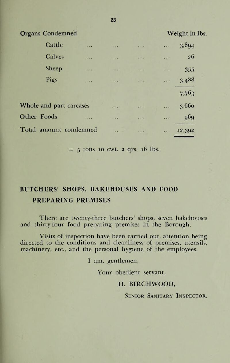 Organs Condemned Weight in lbs. Cattle ... 3,894 Calves 2b Sheep 355 Pigs 3,488 7>763 Whole and part carcases 3,660 Other Foods 969 Total amount condemned ... 12,392 = 5 tons 10 cwt. 2 qrs. ib lbs. BUTCHERS’ SHOPS, BAKEHOUSES AND FOOD PREPARING PREMISES There are twenty-three butchers’ shops, seven bakehouses and thirty-four food preparing premises in the Borough. Visits of inspection have been carried out, attention being directed to the conditions and cleanliness of premises, utensils, machinery, etc., and the personal hygiene of the employees. I am, gentlemen, Your obedient servant, H. BIRCHWOOD, Senior Sanitary Inspector.