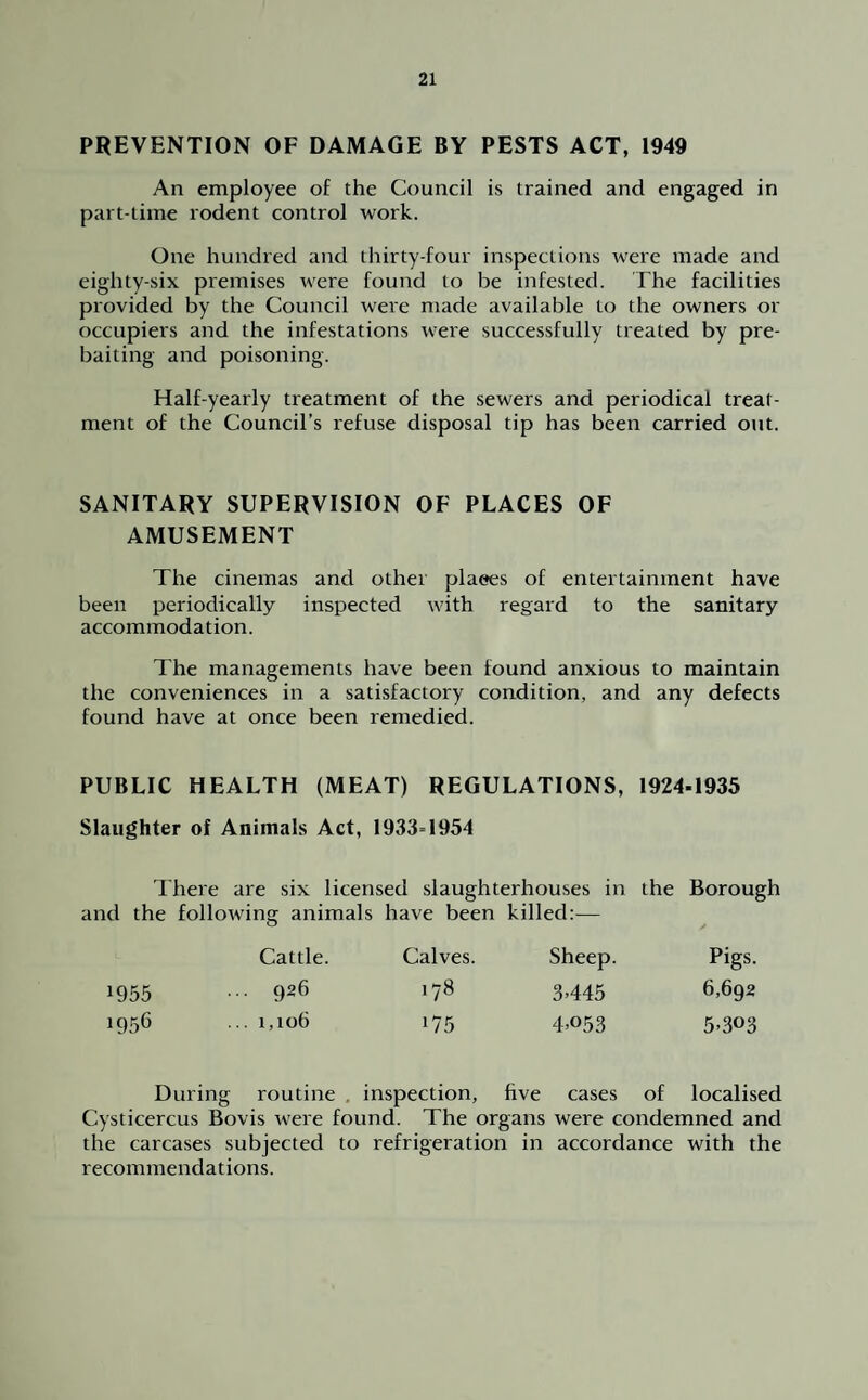 PREVENTION OF DAMAGE BY PESTS ACT, 1949 An employee of the Council is trained and engaged in part-time rodent control work. One hundred and thirty-four inspections were made and eighty-six premises were found to be infested. The facilities provided by the Council were made available to the owners or occupiers and the infestations were successfully treated by pre¬ baiting and poisoning. Half-yearly treatment of the sewers and periodical treat¬ ment of the Council’s refuse disposal tip has been carried out. SANITARY SUPERVISION OF PLACES OF AMUSEMENT The cinemas and other places of entertainment have been periodically inspected with regard to the sanitary accommodation. The managements have been found anxious to maintain the conveniences in a satisfactory condition, and any defects found have at once been remedied. PUBLIC HEALTH (MEAT) REGULATIONS, 1924-1935 Slaughter of Animals Act, 1933=1954 There are six licensed slaughterhouses in the Borough and the following animals have been killed:— O Cattle. Calves. Sheep. Pigs. 1955 926 >78 3445 6,692 1956 1,106 >75 4.053 5.303 During routine inspection, five cases of localised Cysticercus Bovis were found. The organs were condemned and the carcases subjected to refrigeration in accordance with the recommendations.