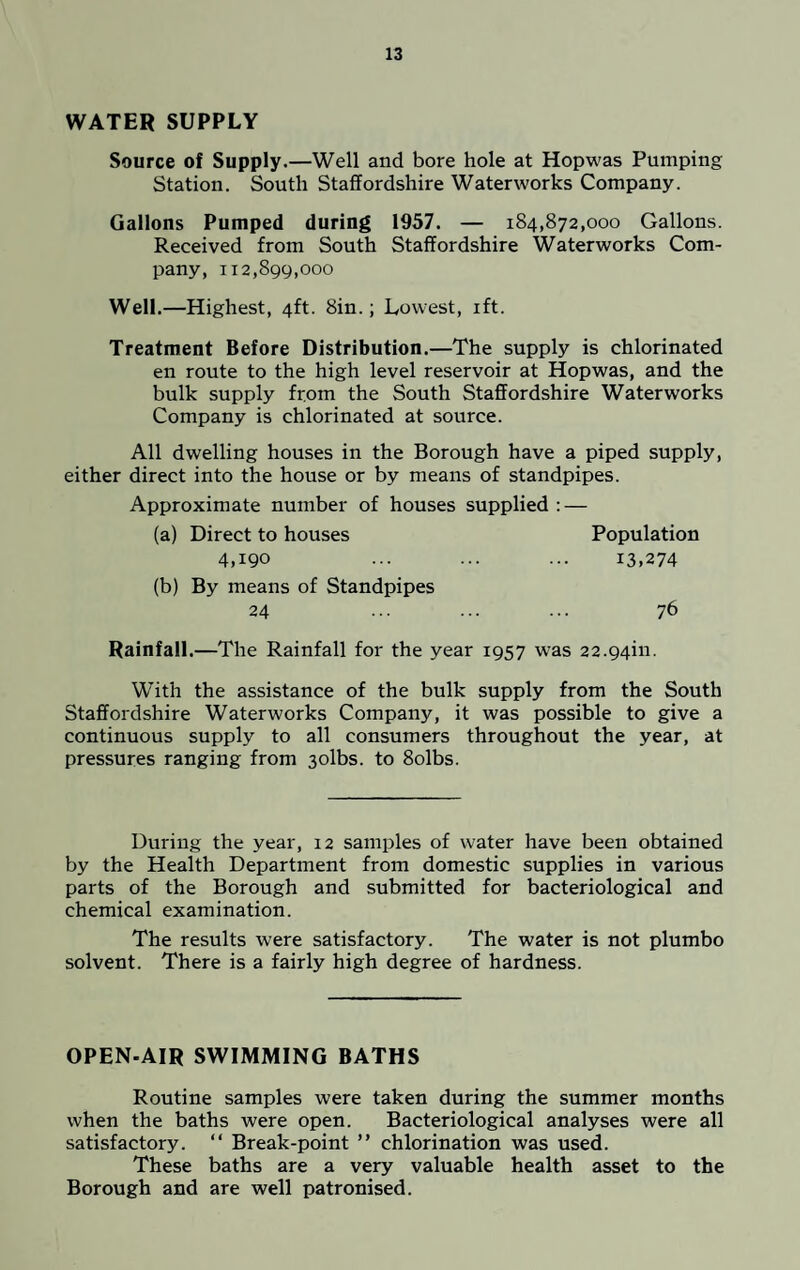 WATER SUPPLY Source of Supply.—Well and bore hole at Hopwas Pumping Station. South Staffordshire Waterworks Company. Gallons Pumped during 1957. — 184,872,000 Gallons. Received from South Staffordshire Waterworks Com¬ pany, 1x2,899,000 Well.—Highest, 4ft. Sin.; Lowest, ift. Treatment Before Distribution.—The supply is chlorinated en route to the high level reservoir at Hopwas, and the bulk supply from the South Staffordshire Waterworks Company is chlorinated at source. All dwelling houses in the Borough have a piped supply, either direct into the house or by means of standpipes. Approximate number of houses supplied : — (a) Direct to houses Population 4,190 ... ... ... 13,274 (b) By means of Standpipes 24 ... ... ••• 76 Rainfall.—The Rainfall for the year 1957 was 22-94in. With the assistance of the bulk supply from the South Staffordshire Waterworks Company, it was possible to give a continuous supply to all consumers throughout the year, at pressures ranging from 3olbs. to 8olbs. During the year, 12 samples of water have been obtained by the Health Department from domestic supplies in various parts of the Borough and submitted for bacteriological and chemical examination. The results were satisfactory. The water is not plumbo solvent. There is a fairly high degree of hardness. OPEN-AIR SWIMMING BATHS Routine samples were taken during the summer months when the baths were open. Bacteriological analyses were all satisfactory. “ Break-point ” chlorination was used. These baths are a very valuable health asset to the Borough and are well patronised.